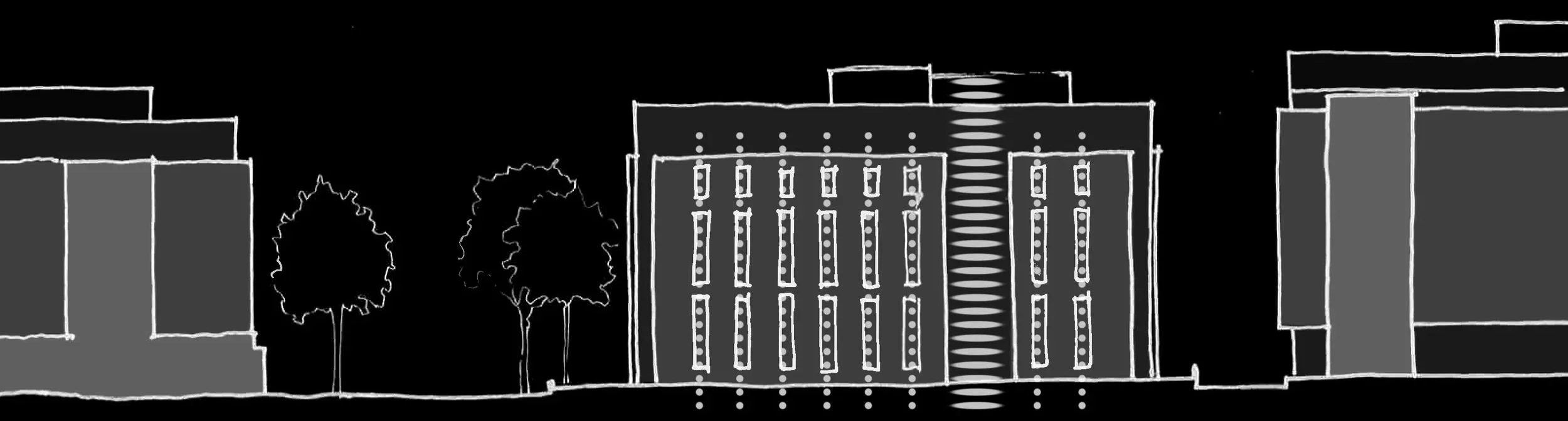 Line drawing of modern buildings and trees on a black background.