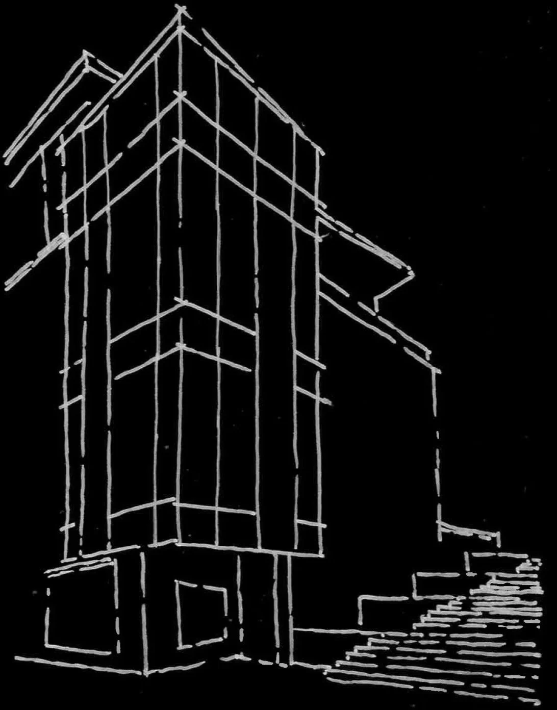 A sketch of a modern building with large glass windows, set against a dark background, with steps leading up to the entrance.