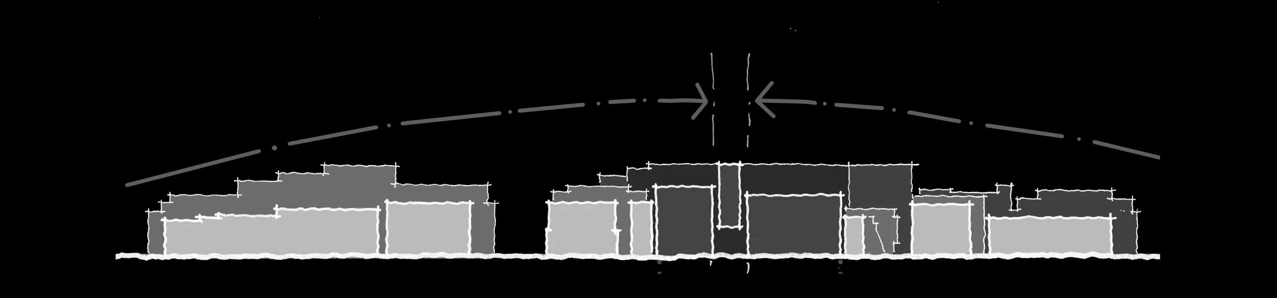 Architectural drawing of a building's structure with grid lines, elevation, and elevation arrows on a black background.