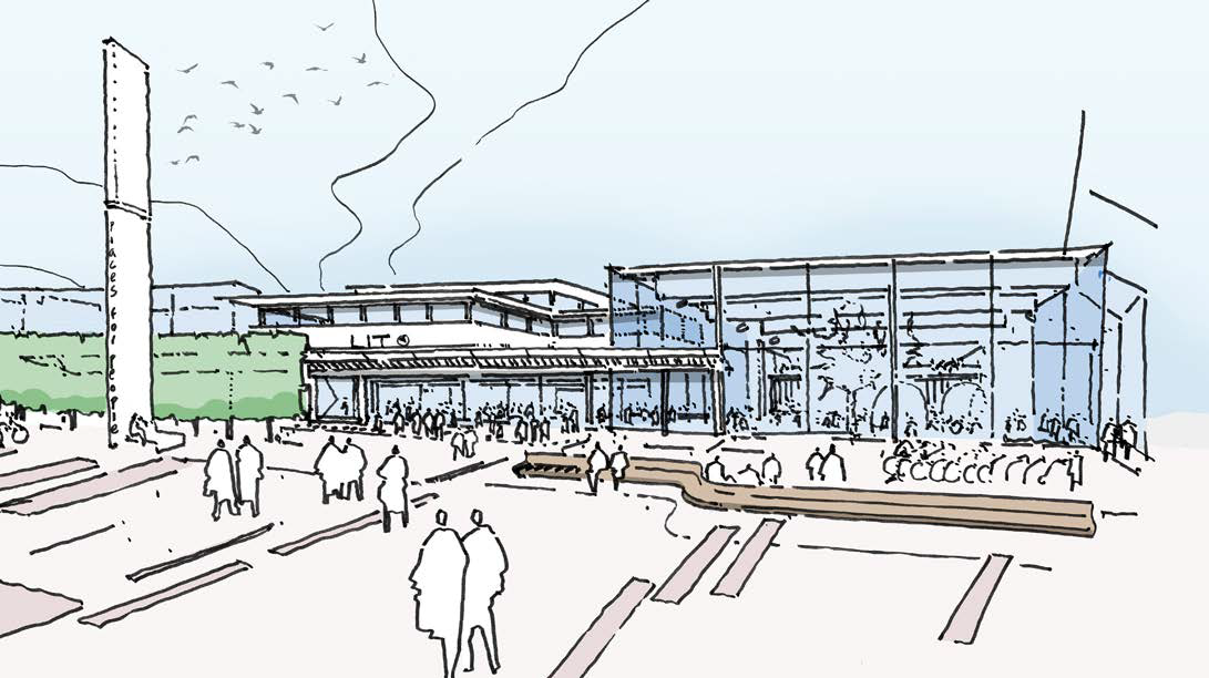 Sketch of the exterior of a modern transportation hub or building with people walking around, large glass windows, and some greenery, set against a light sky with birds and clouds.