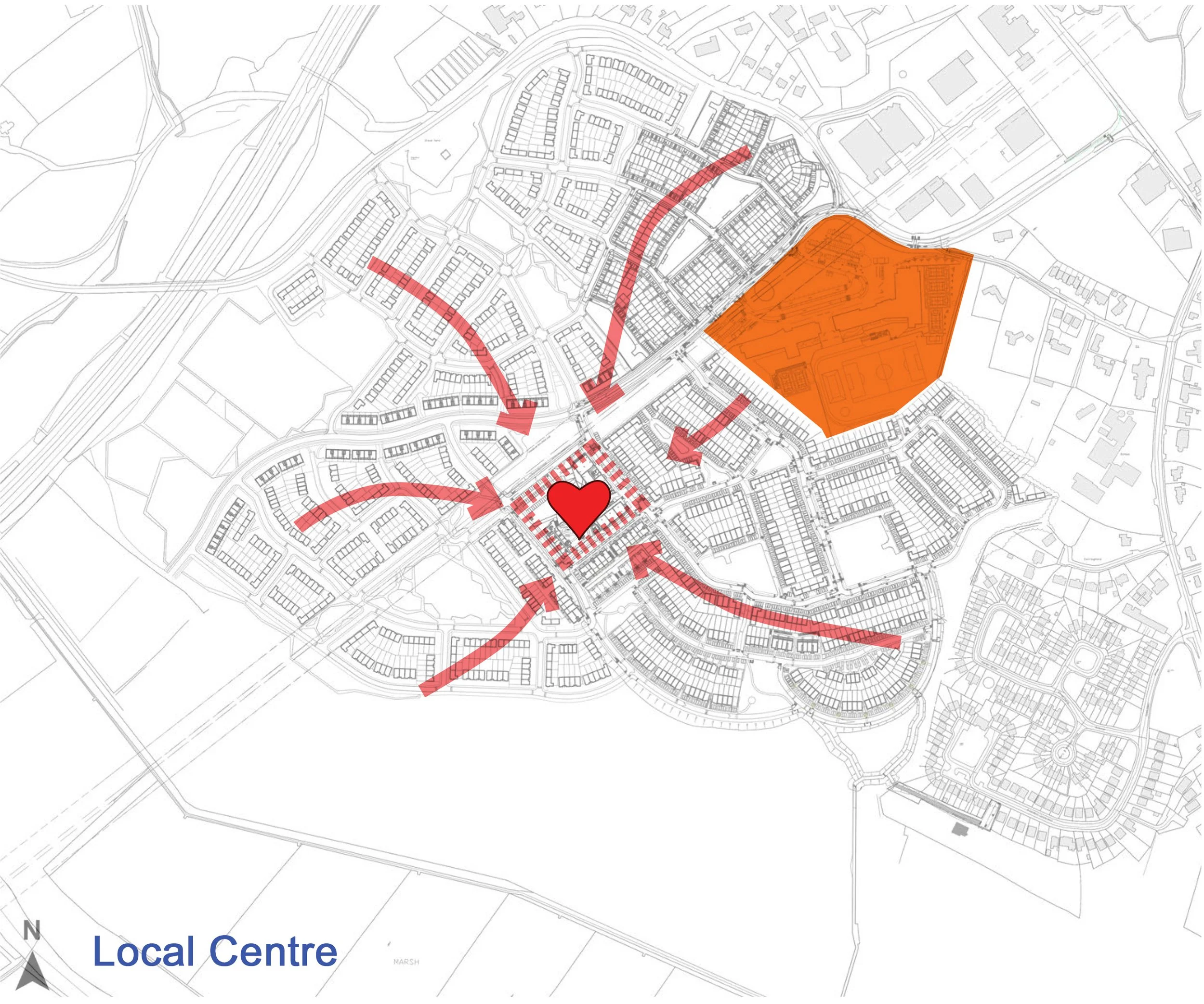 A detailed map of a neighborhood with arrows pointing towards a central heart symbol. A large orange area and various roads and residential blocks are visible, indicating a community layout.