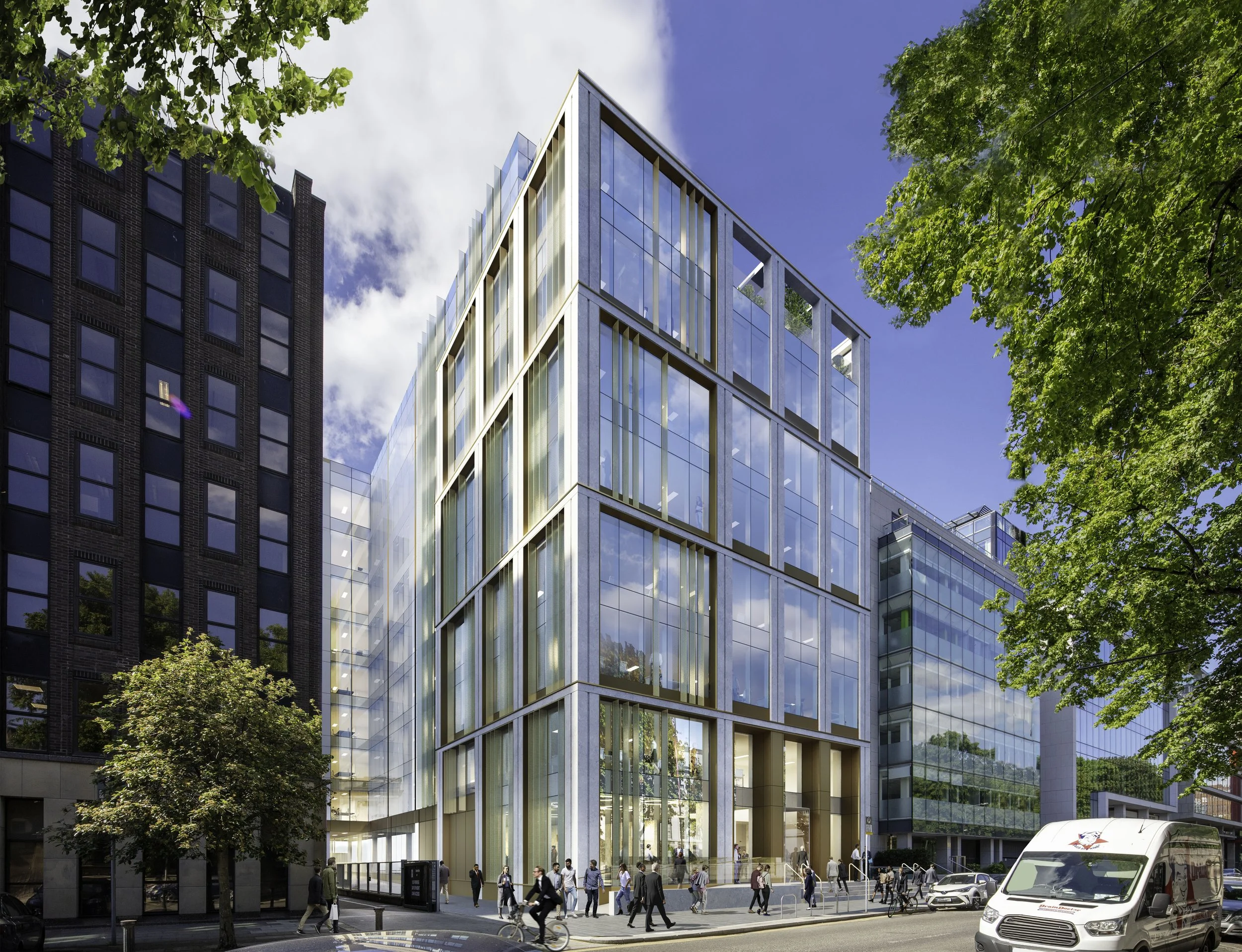 Modern glass office building on busy city street with pedestrians, cyclists, cars, and trees.
