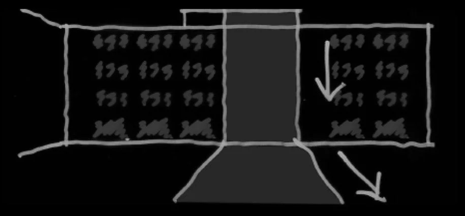 Sketch of a room with a path leading to a door, flanked by two walls with scribbles or patterns.