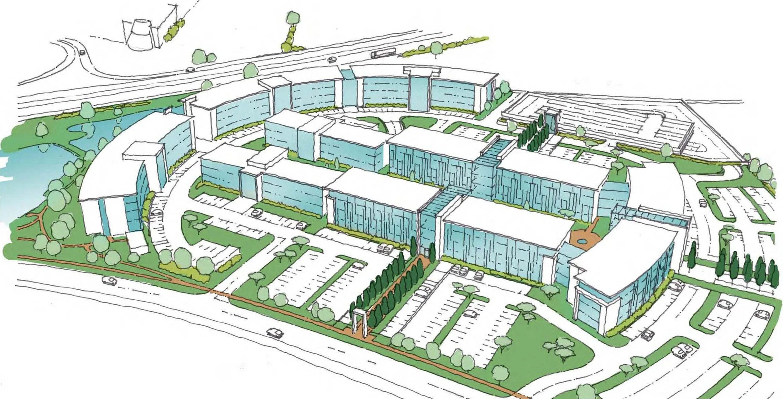 A detailed architectural masterplanning sketch of a large modern building complex with multiple glass-fronted structures, parking lots, green spaces, trees, water features, and roadways surrounding it.