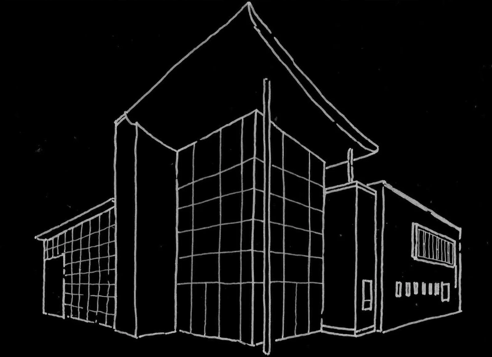 A line drawing of a modern building with glass windows and a sloped roof, set against a black background with white stars.