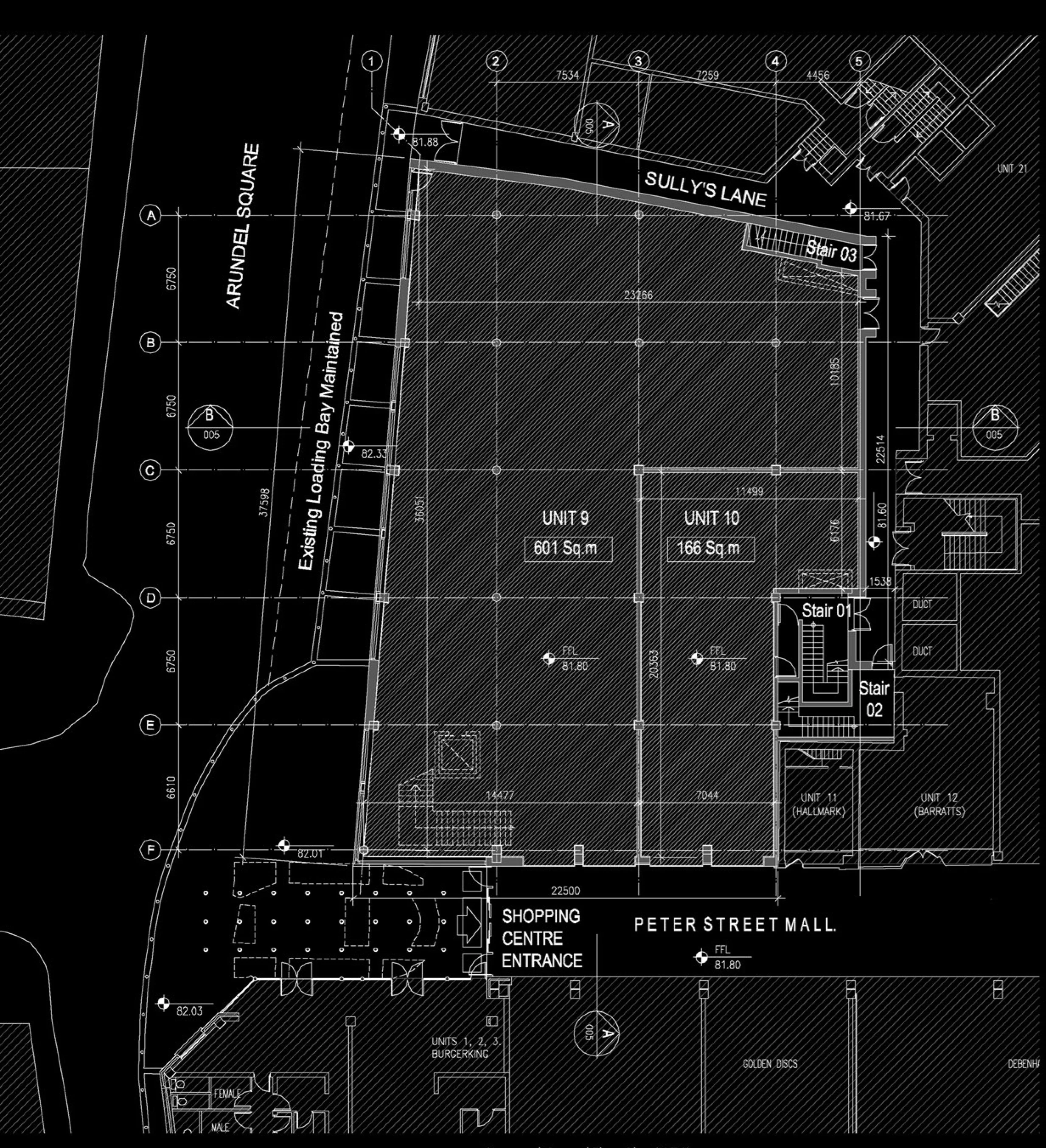 Architectural blueprint of Peter Street Mall, showing units, staircases, and surrounding streets.