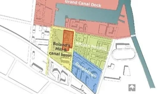 Map highlighting the Grand Canal Dock area, including Boland's Mill canal basin, Googletwo, and surrounding neighborhood.