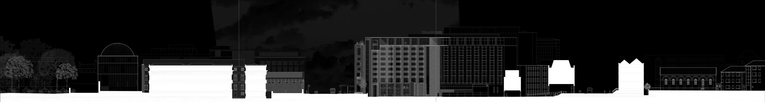 Black and white cityscape silhouette with various building outlines and trees.