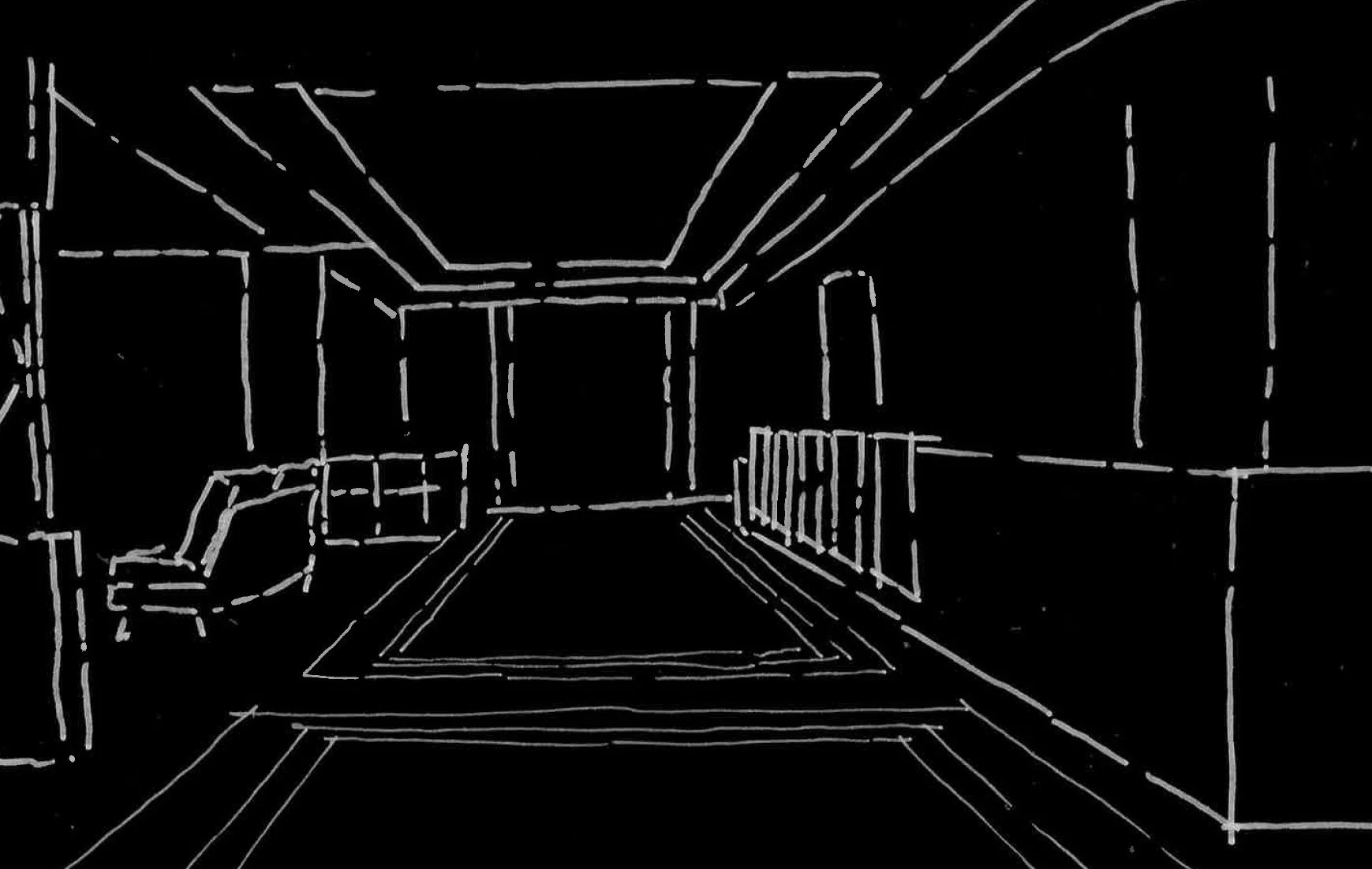 Sketch of a room with a bed, chair, and bunk beds outlined with white chalk on a black background.