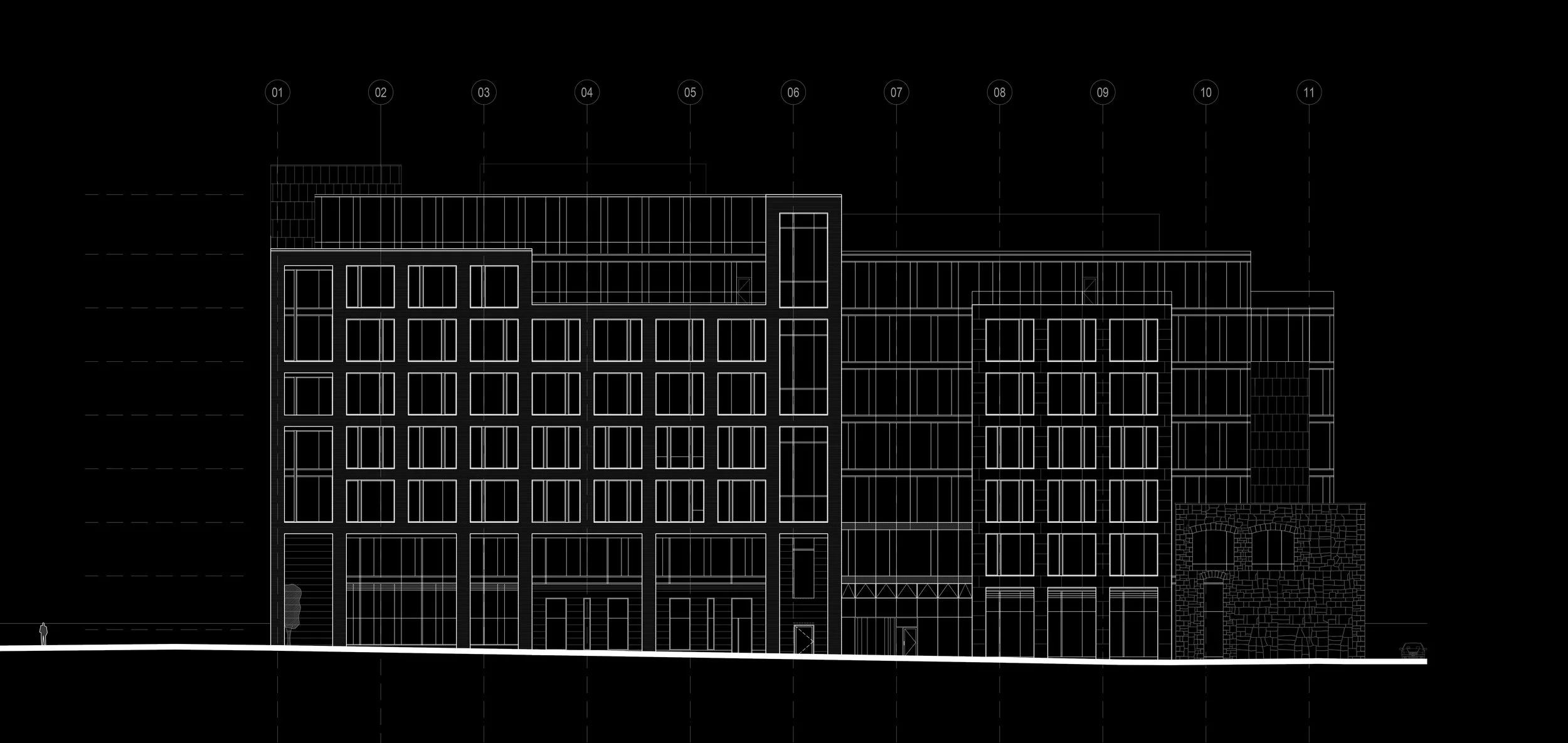 Architectural blueprint of a modern multi-story building with detailed window and door placements, measurements, and a person for scale.