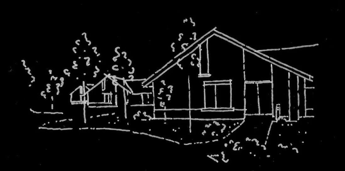 Line drawing of a modern house with large windows, a sloped roof, and surrounding trees on a dark background.