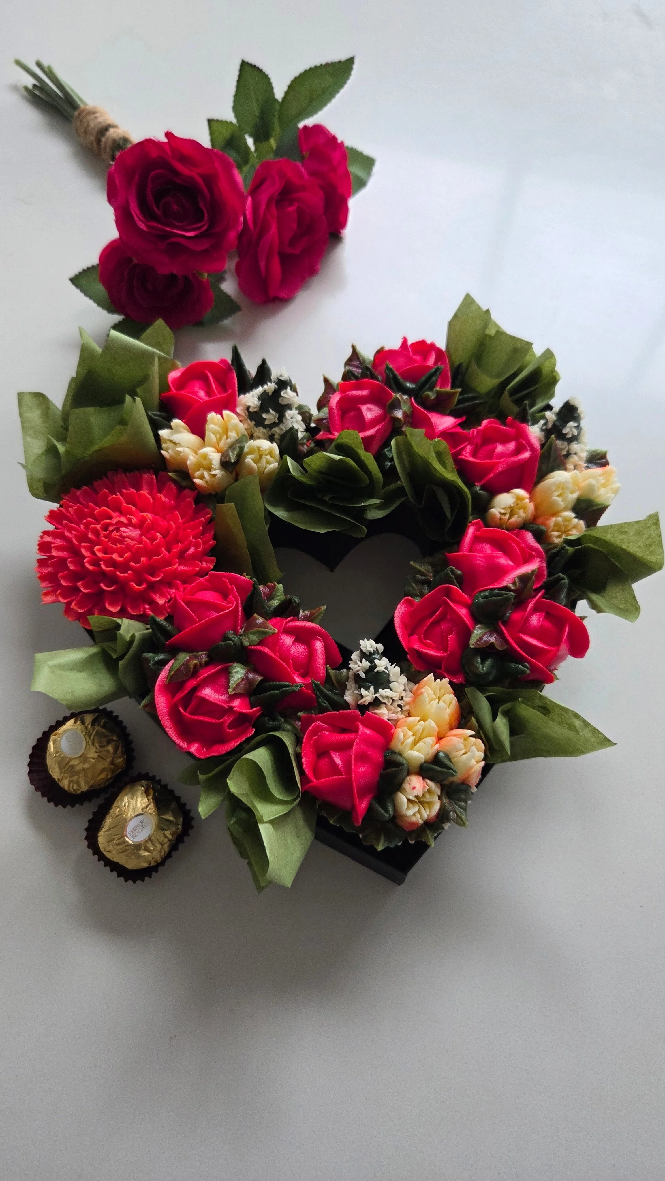 bright floral cupcakes in a heart shaped box for Valentines day