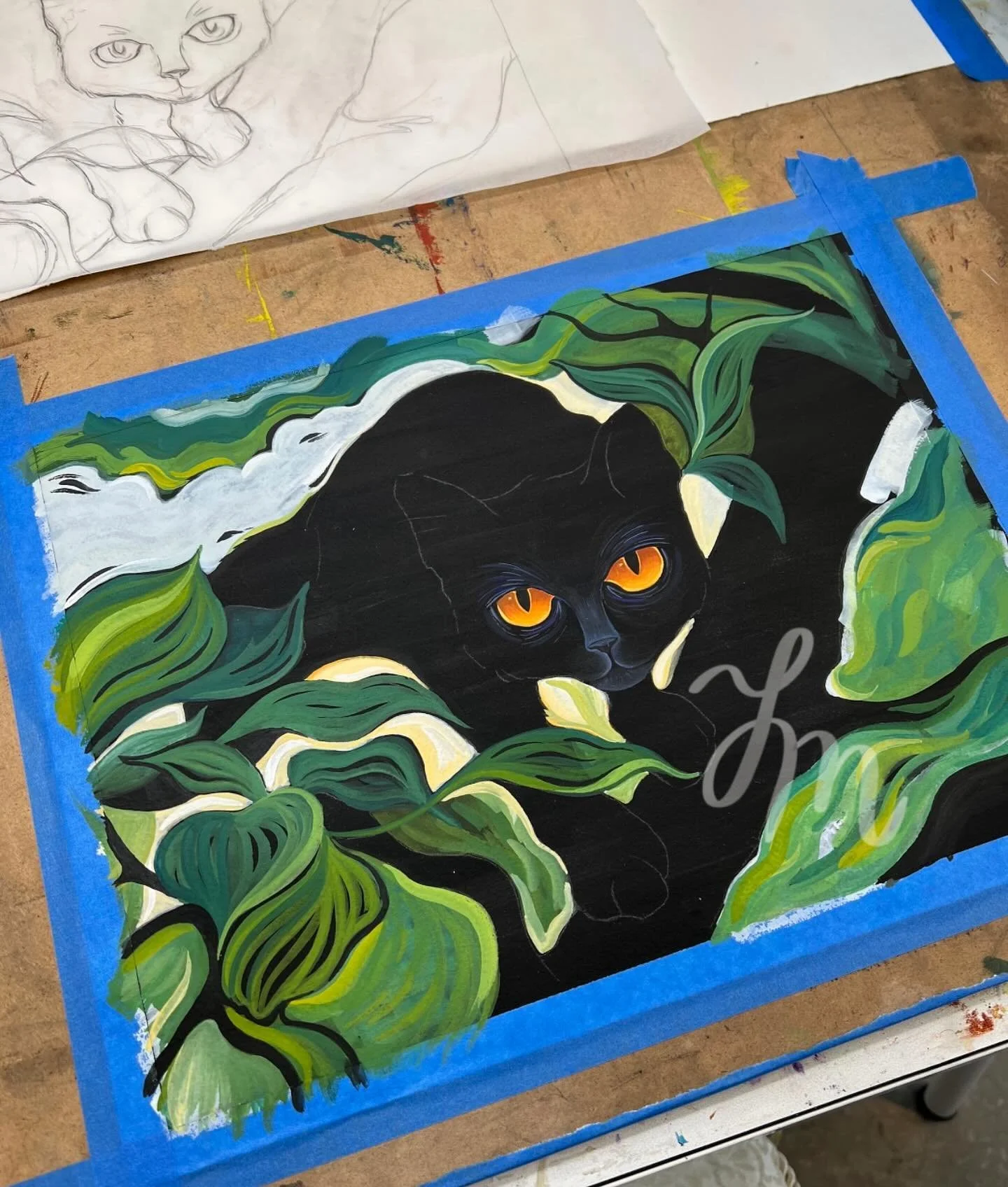 Here&rsquo;s some WIP pics from back in the studio. First time I ever used gouache on top of black gesso! It was such a fun way to paint&mdash;using color in negative spaces to &ldquo;carve&rdquo; out my black cat creature 🐈&zwj;⬛ 🧡 

#Illustration