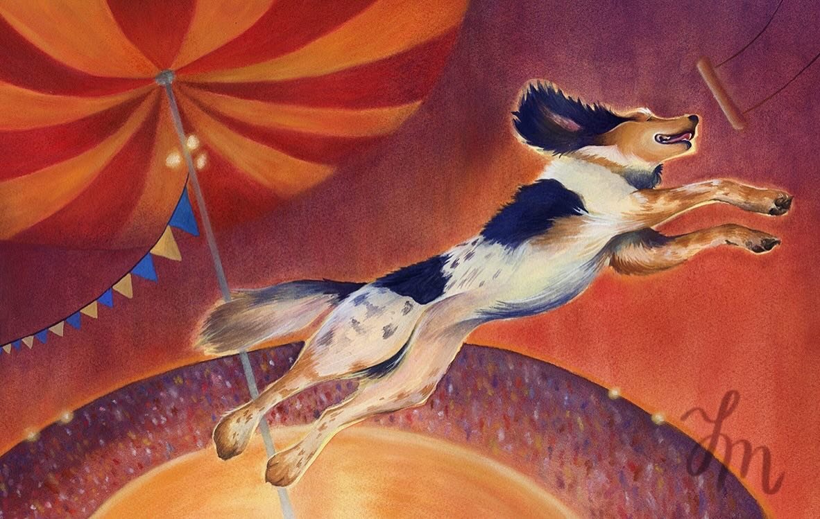 My first finished Dog Circus illustration 🎪 I had so much fun layering panpastels over gouache for this piece. Definitely going to add more acts to the circus 🐶 My trapeze dog needs some friends. What dog performer should I draw next? 

#Kidlitart 