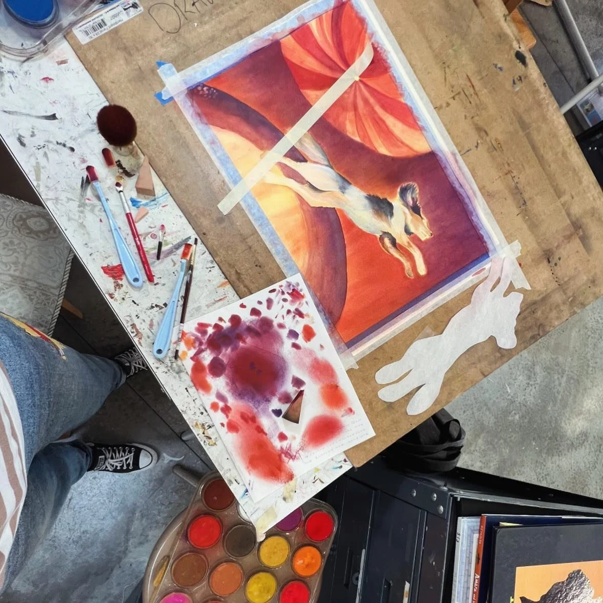 Looking forward to spending time in the studio this summer! Here&rsquo;s a work in progress from last summer of my dog circus! Using gouache and pan pastels ❤️🎪 

#Kidlitart #childrensbook #illustration #illustrator #kidlitillustrator #instaartist #