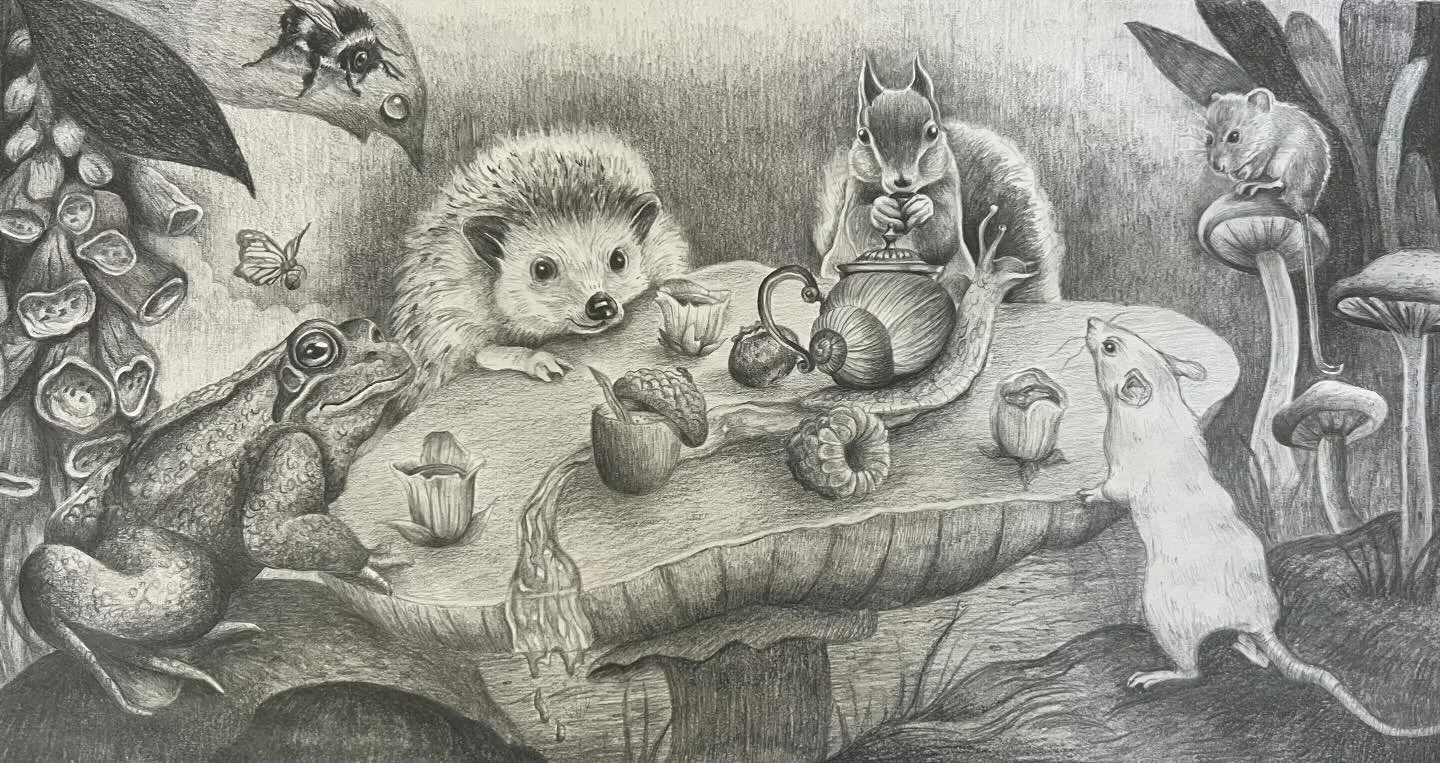 My completed Toadstool Tea Party illustration 🍄 

Looking back, there are things I would change&mdash;but I learned a lot and I&rsquo;m happy with the mark making and how cute the hedgehog turned out🤎 It&rsquo;s always a pleasure to draw cute anima