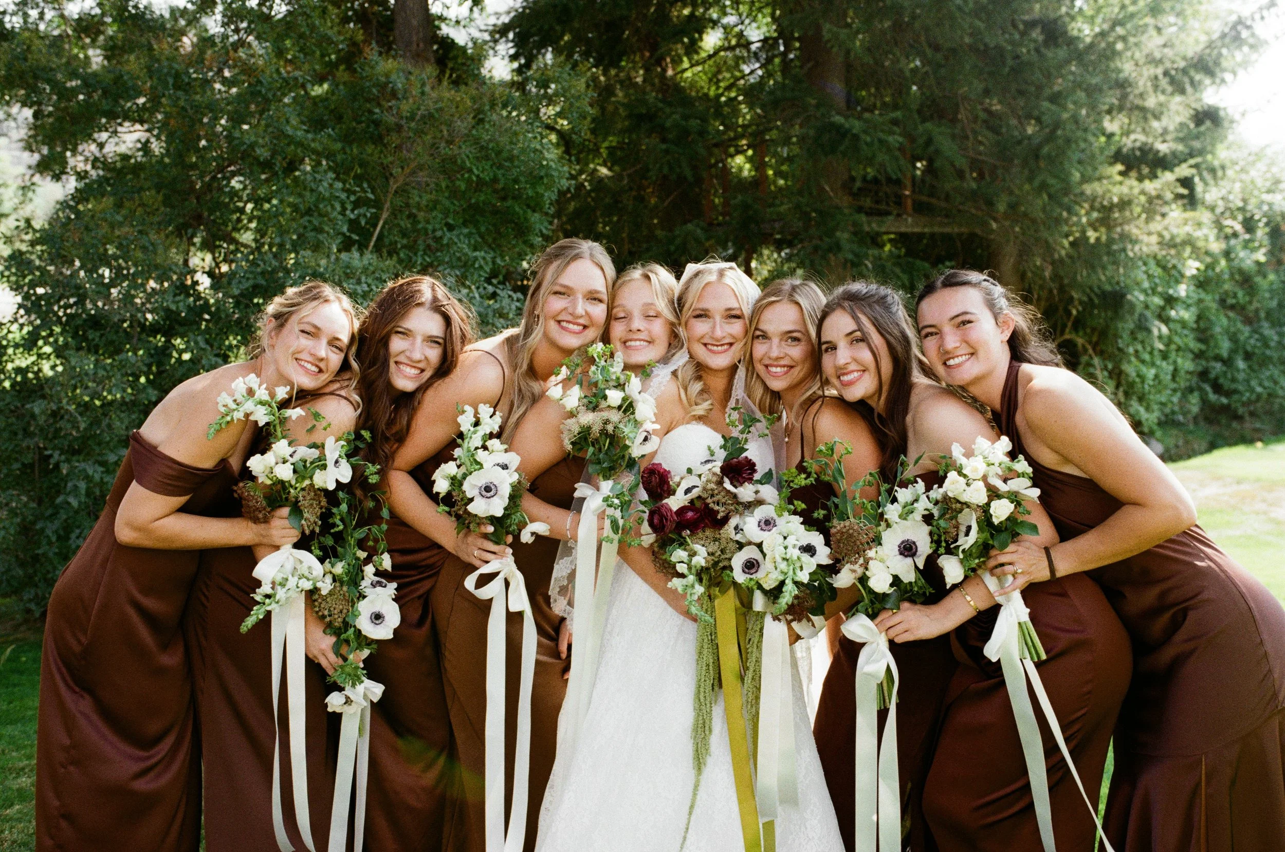Bridesmaids on film in Wenatchee Washington, Brown bridesmaid dresses, vintage wedding