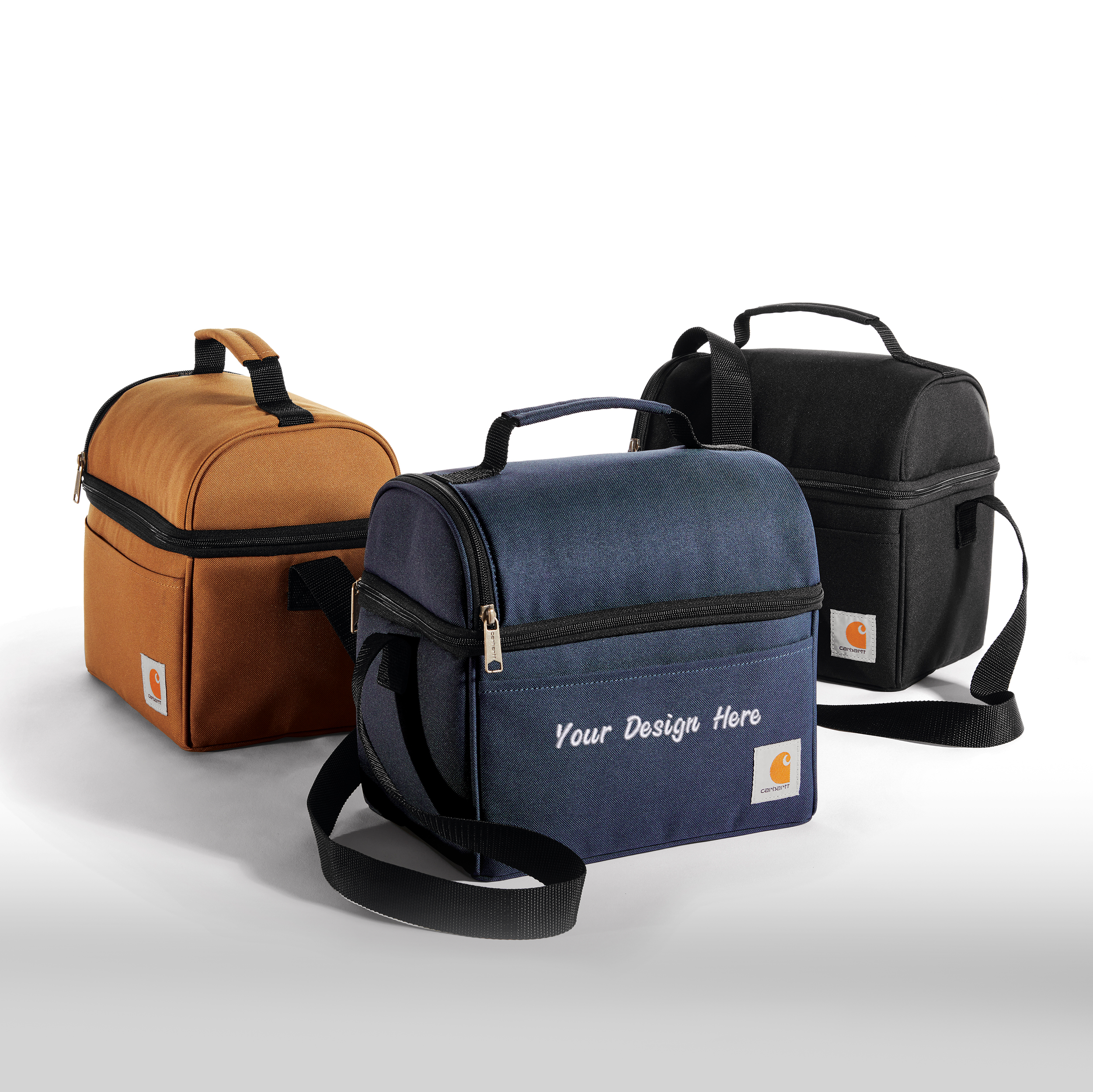 Carhartt 6-can cooler bags in Brown, Navy and Black, shown with custom embroidery