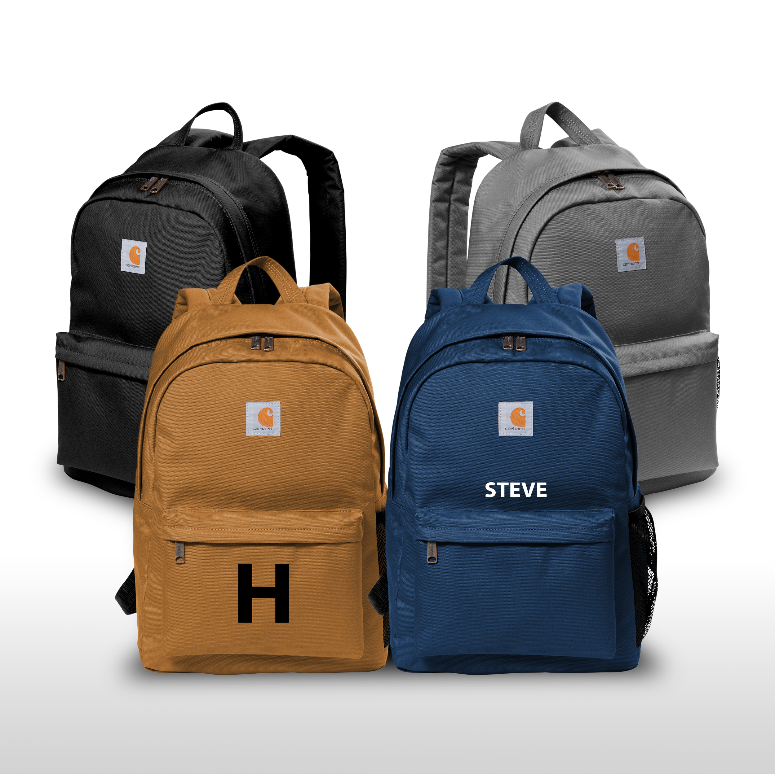 Carhartt canvas backpacks in Black, Carhartt Brown and Navy, shown with custom embroidery