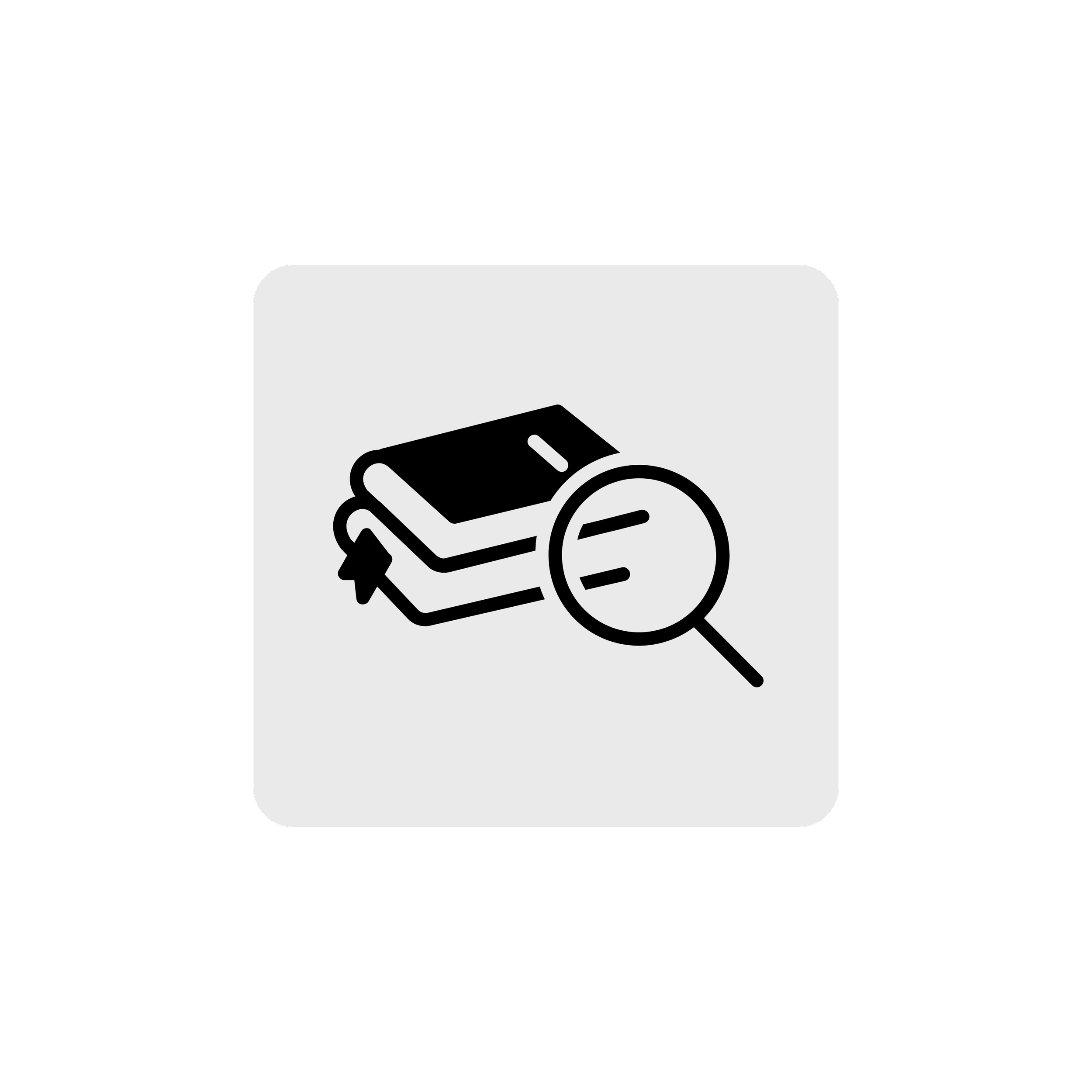 Icon of two stacked books with a magnifying glass over them, symbolizing study or research.