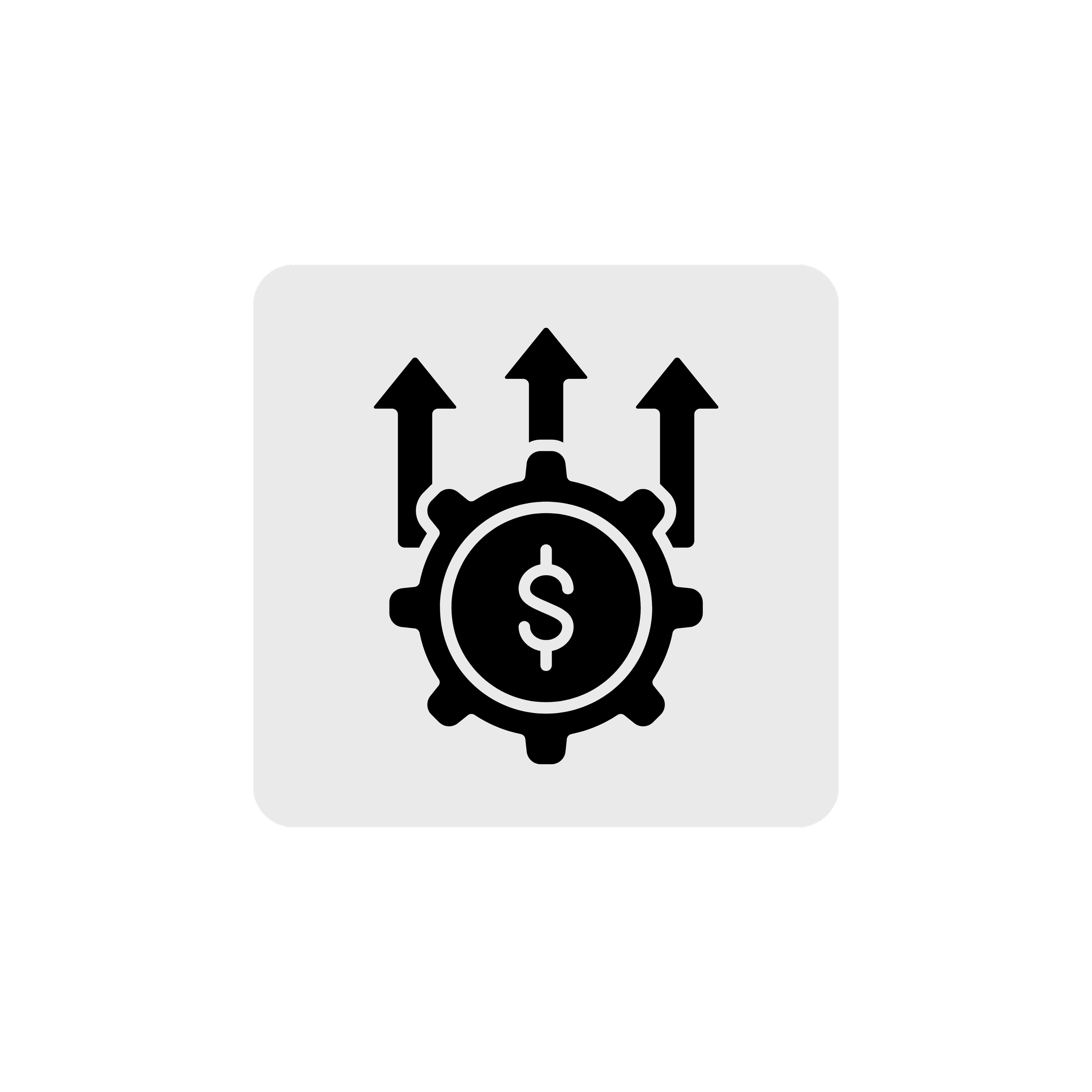 Gear with dollar sign and upward arrows icon on a gray background.