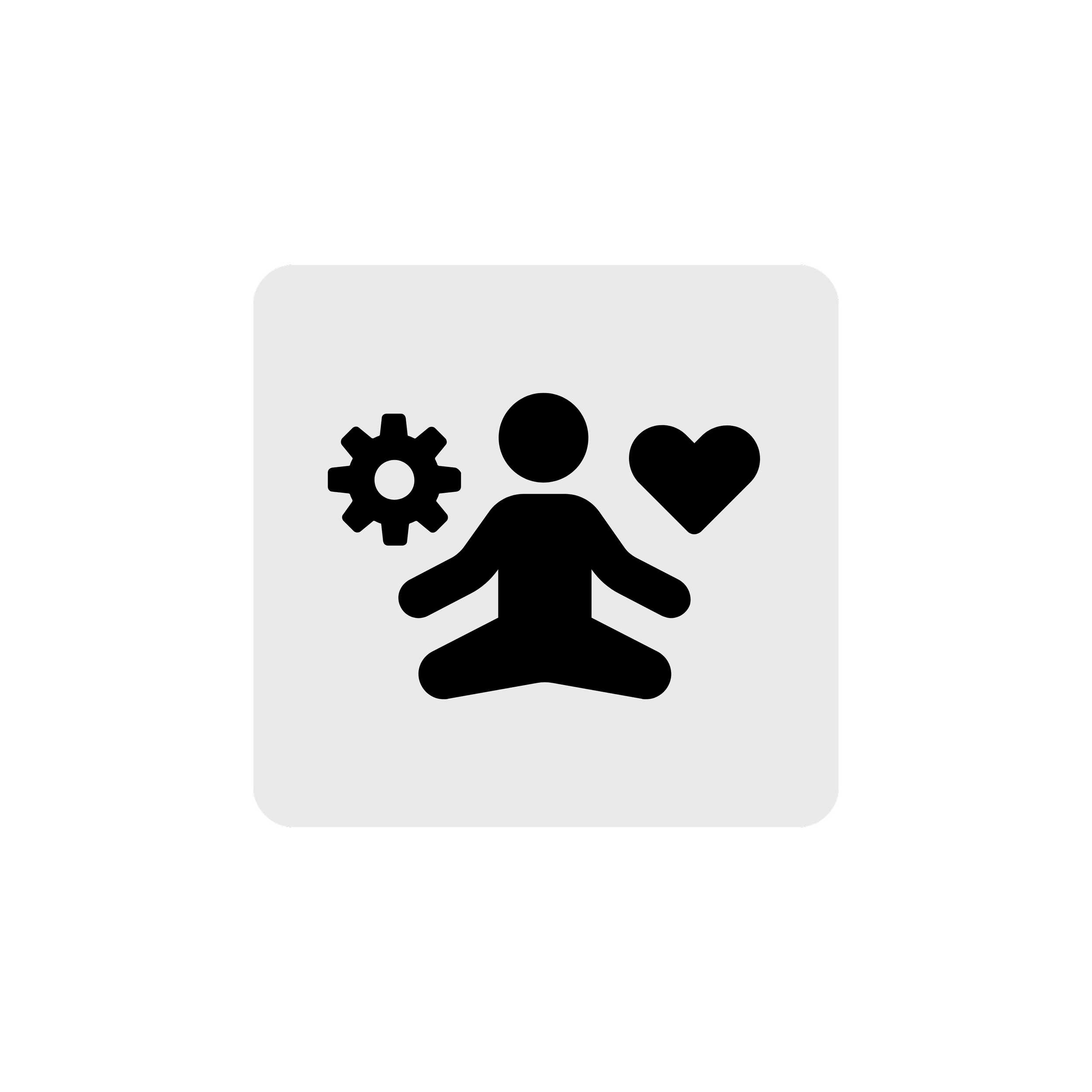 Icon of a person meditating with a gear and heart symbol on a gray background.