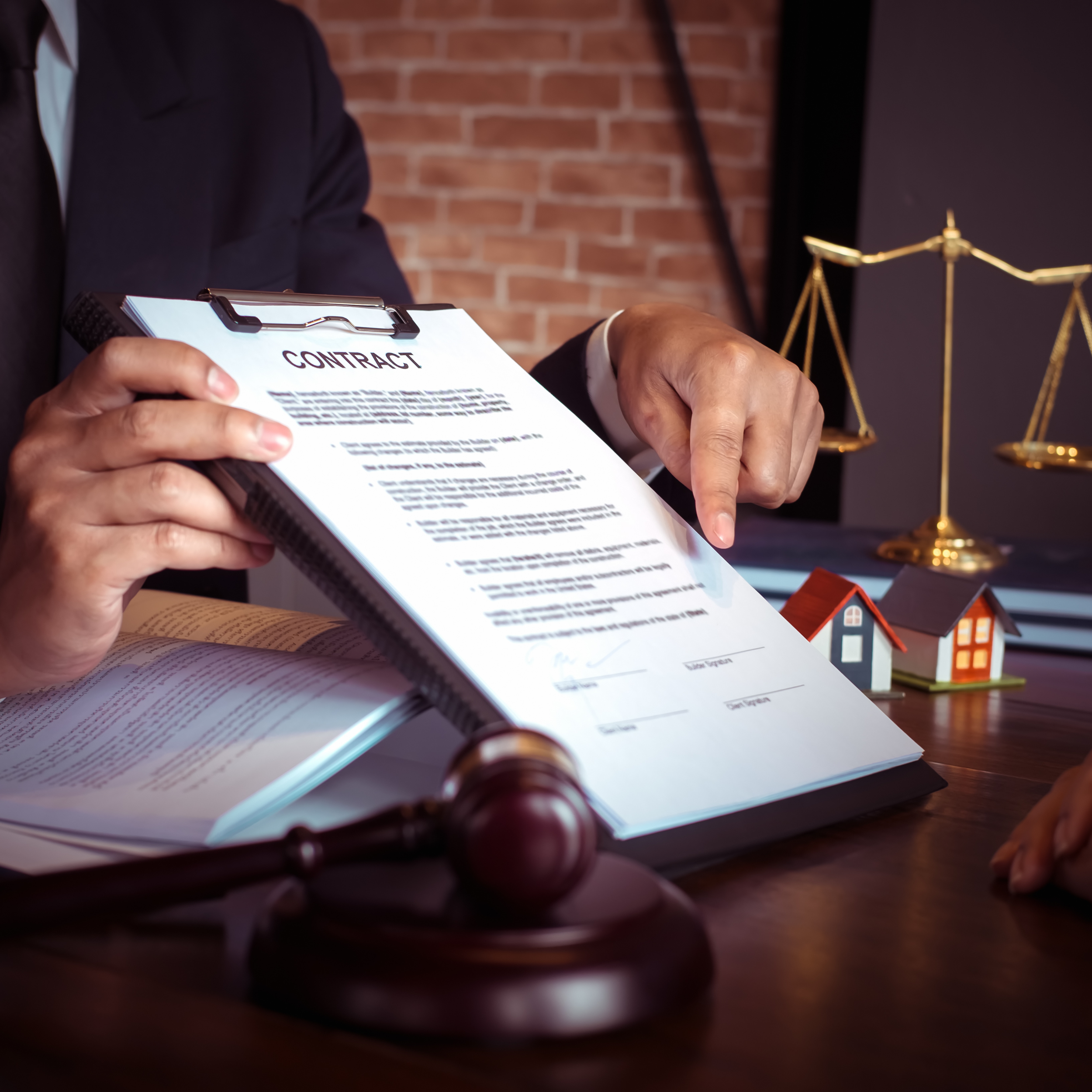 Person holding clipboard with contract, pointing at text, with gavel and scales of justice in background.