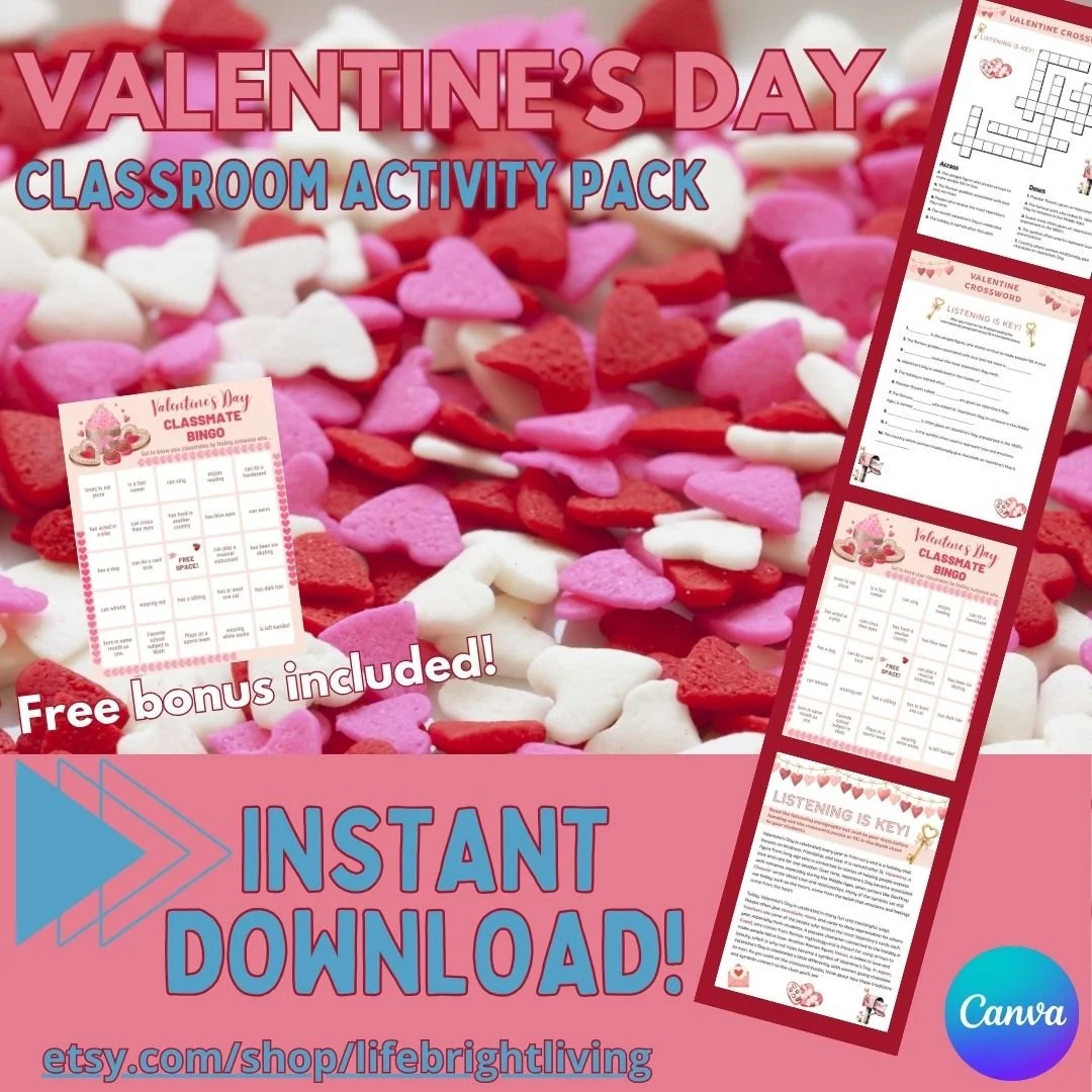 Valentine's Day classroom activity pack with bingo, crossword, and listening activities, featuring hearts and pink, red, and white candies.