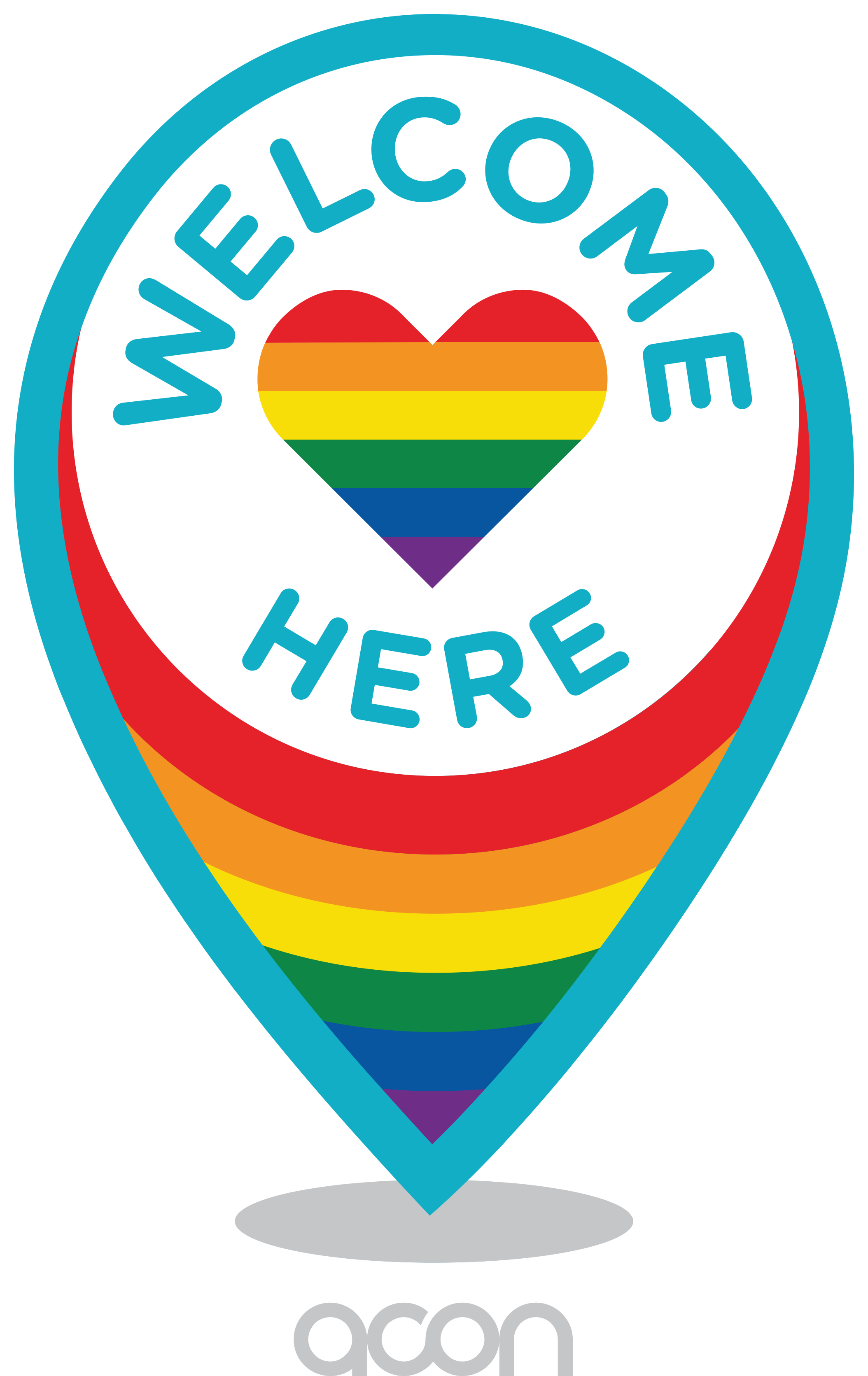 A map marker with rainbow stripes and a heart in the center, with the words "Welcome Here" arched above and the "Aptos" logo below.
