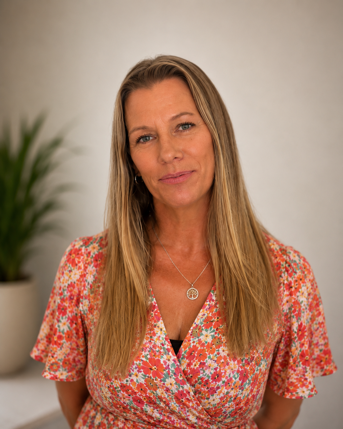 A middle-aged woman with long, light brown hair and blue eyes posing in front of a plain wall with a potted plant in the background. She is wearing a floral dress and a necklace with a tree pendant.
