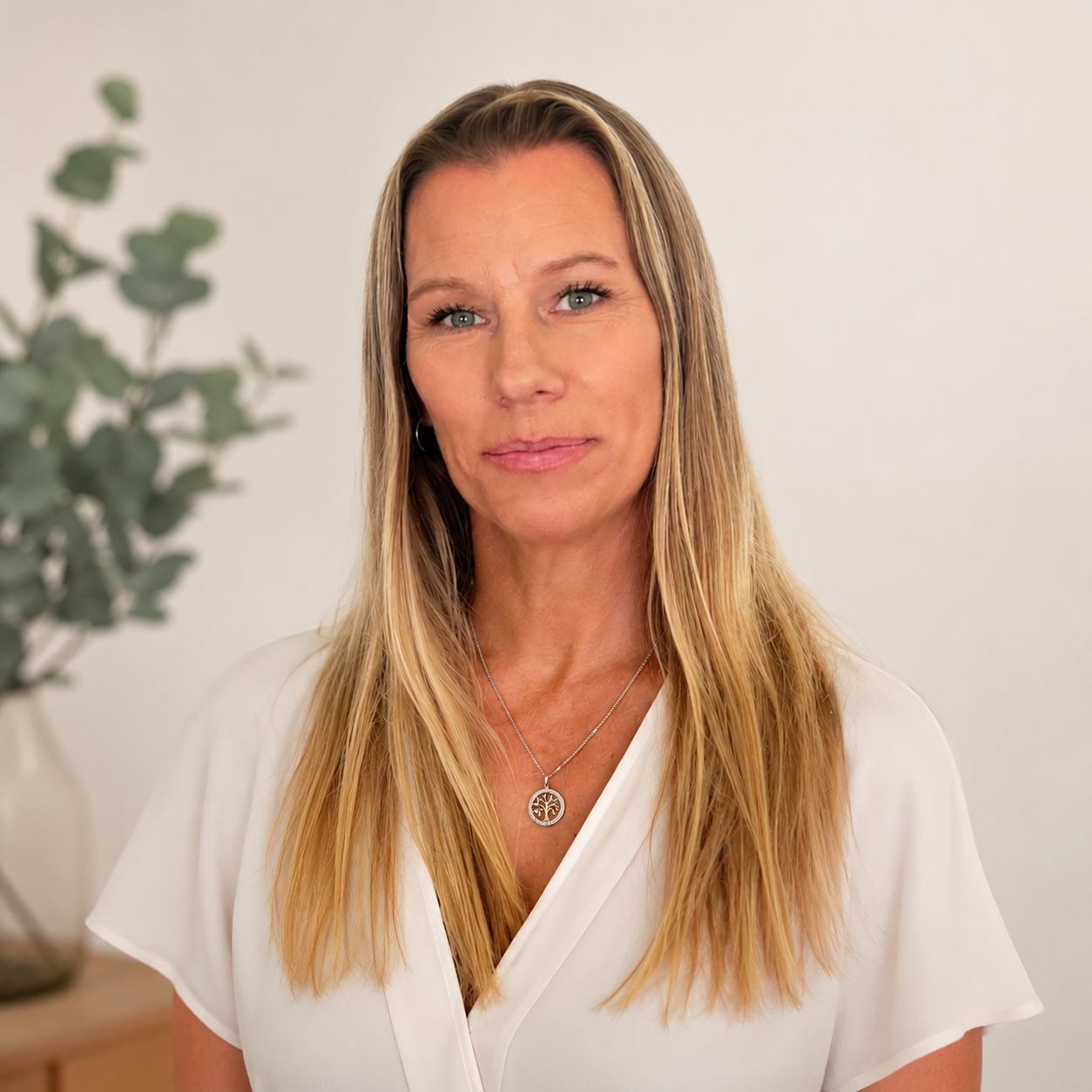 A woman with long blonde hair and blue eyes looking at the camera, wearing a white blouse and a pendant necklace with a tree design, standing in a room with neutral-colored walls and a vase of green leaves in the background.