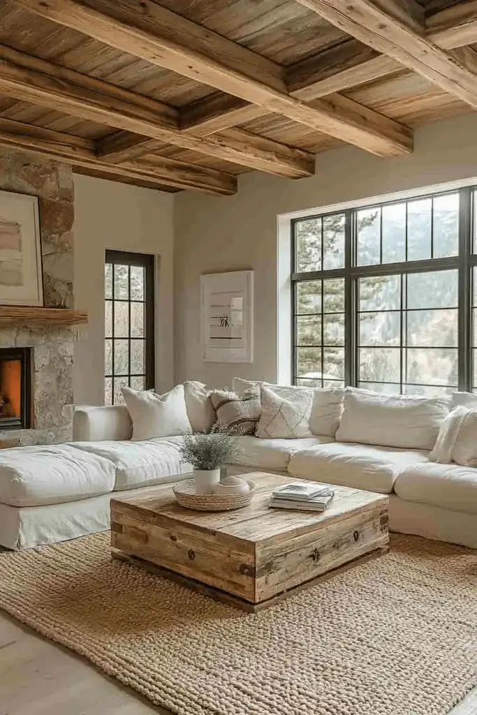 Living room with gray sofa, wooden side tables, plants, artwork on the wall, hanging wicker pendant lights, and a patterned area rug.