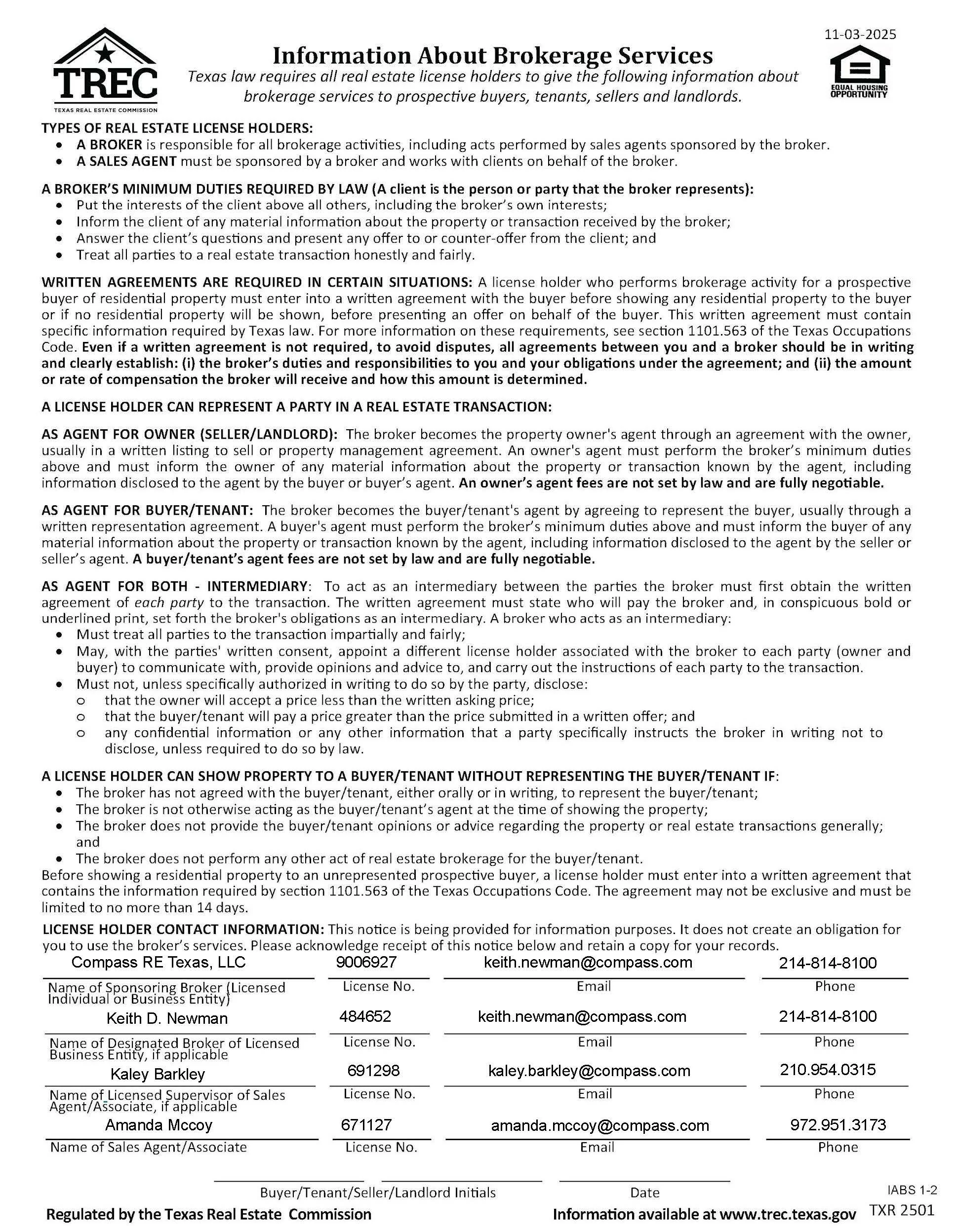 A document titled 'Information About Brokerage Services' from the Texas Real Estate Commission, outlining types of real estate license holders, their duties, and legal requirements, with contact information for licensed real estate professionals.