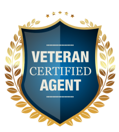Badge with a blue shield that reads "Veteran Certified Agent" surrounded by gold laurel leaves.