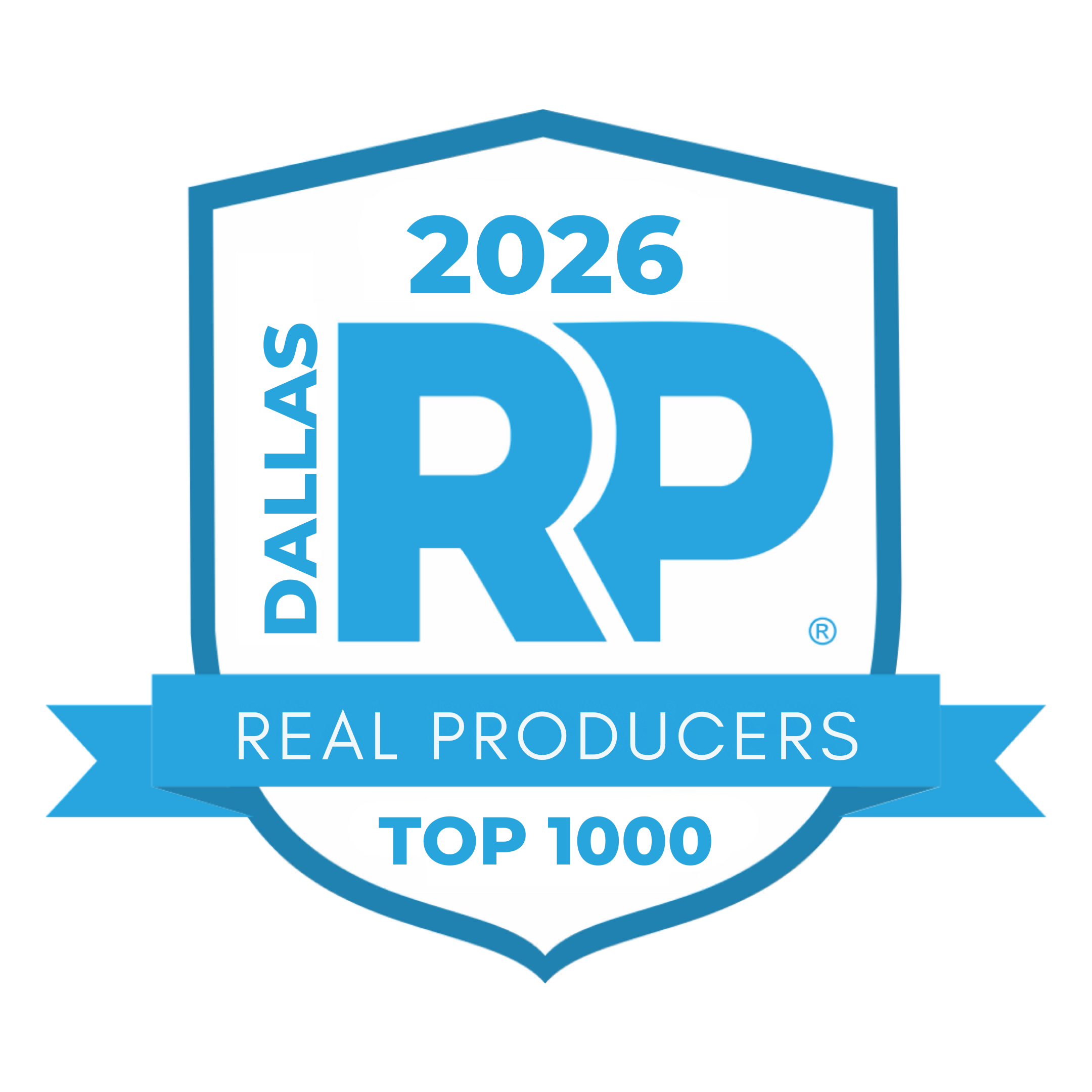 2026 Dallas RP Real Producers Top 1000 badge with blue and white shield, large blue letter 'RP', and blue ribbon banner.