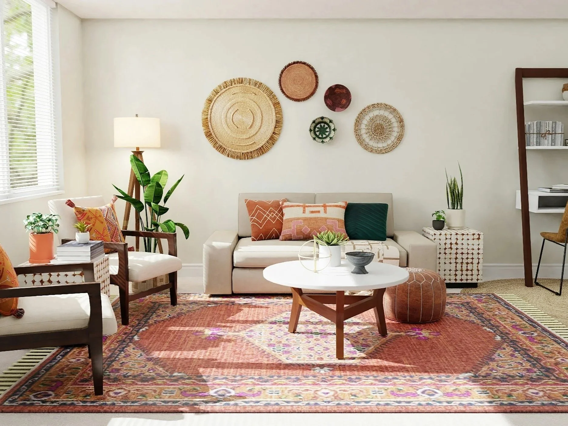 Living room with cream sofa, colorful decorative pillows, round coffee table with vases, plant, and bowl, patterned rug, wall art, large window with blinds, plants, bookshelves, and chair.