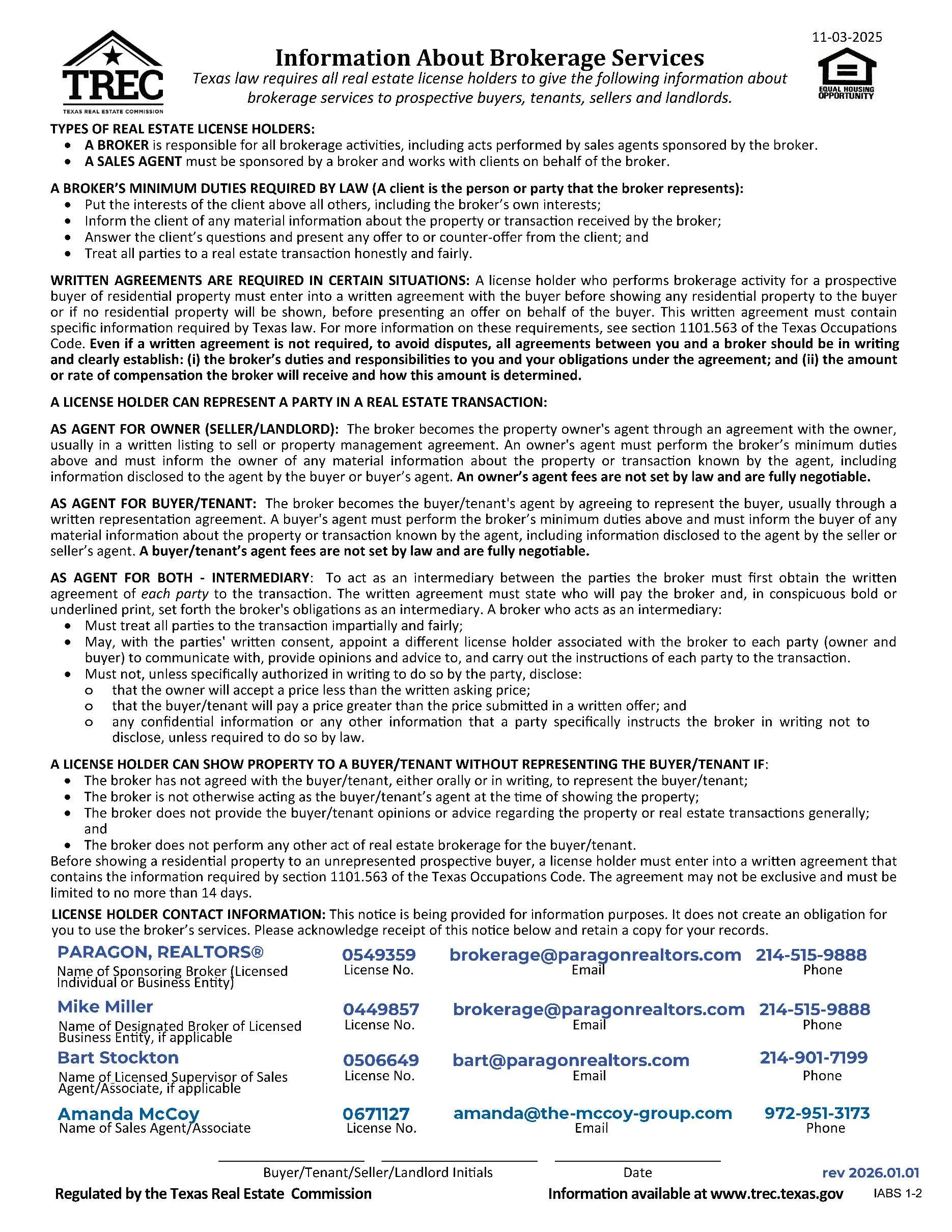A legal document titled 'Information About Brokerage Services' outlining rules and regulations for real estate license holders, including duties, agreements, and contact information for real estate professionals.