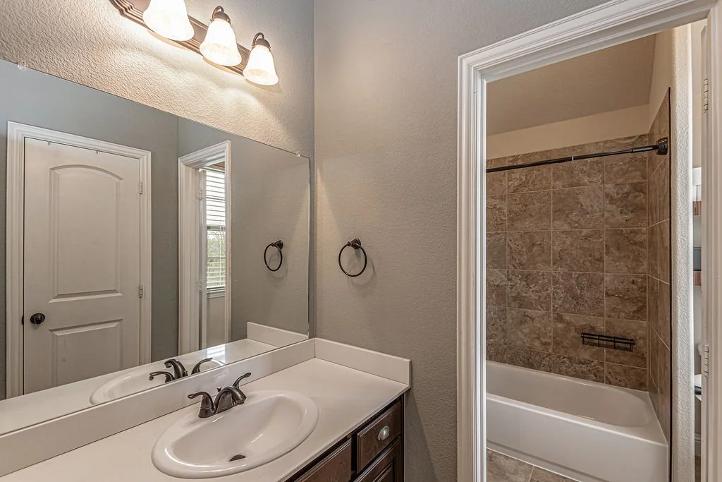Bathroom vanity with mirror, double light fixture, white sink, dark wood cabinet, towel ring, and a separate tub/shower with brown tiled walls.