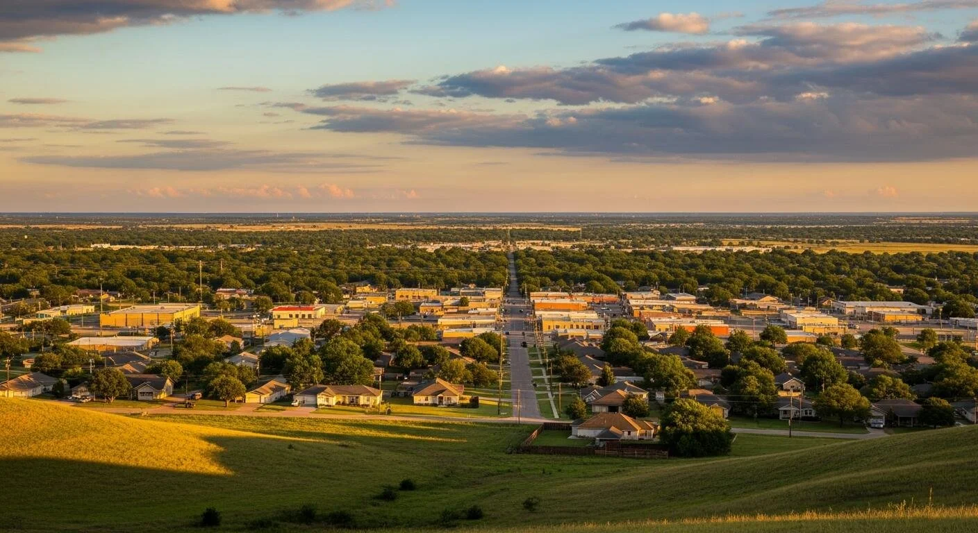 Aerial view of a suburban neighborhood during sunset with houses, streets, and green spaces.
