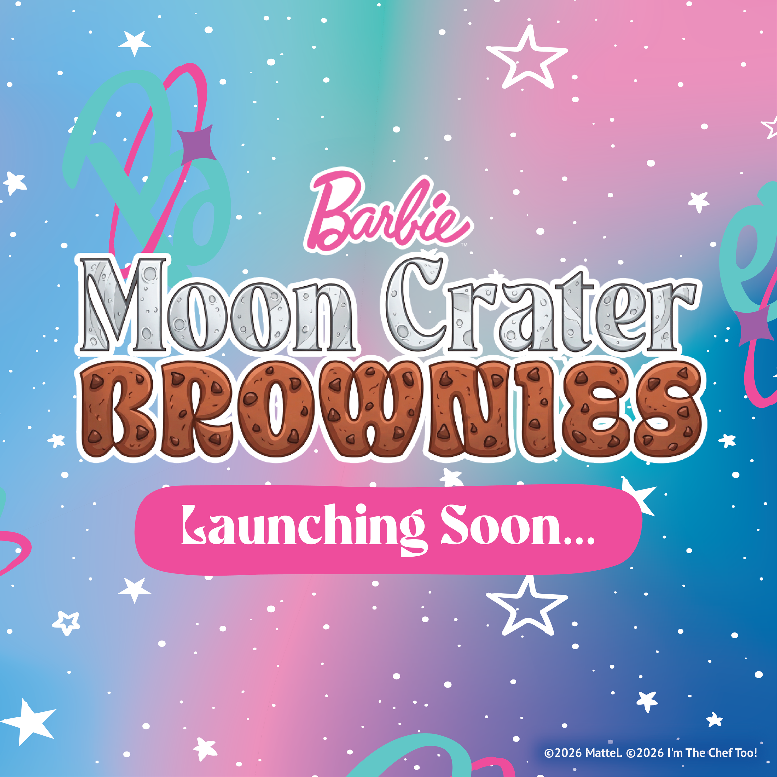 Colorful background with stars and bubbles, with text announcing a new Barbie Moonscape collection launching soon.