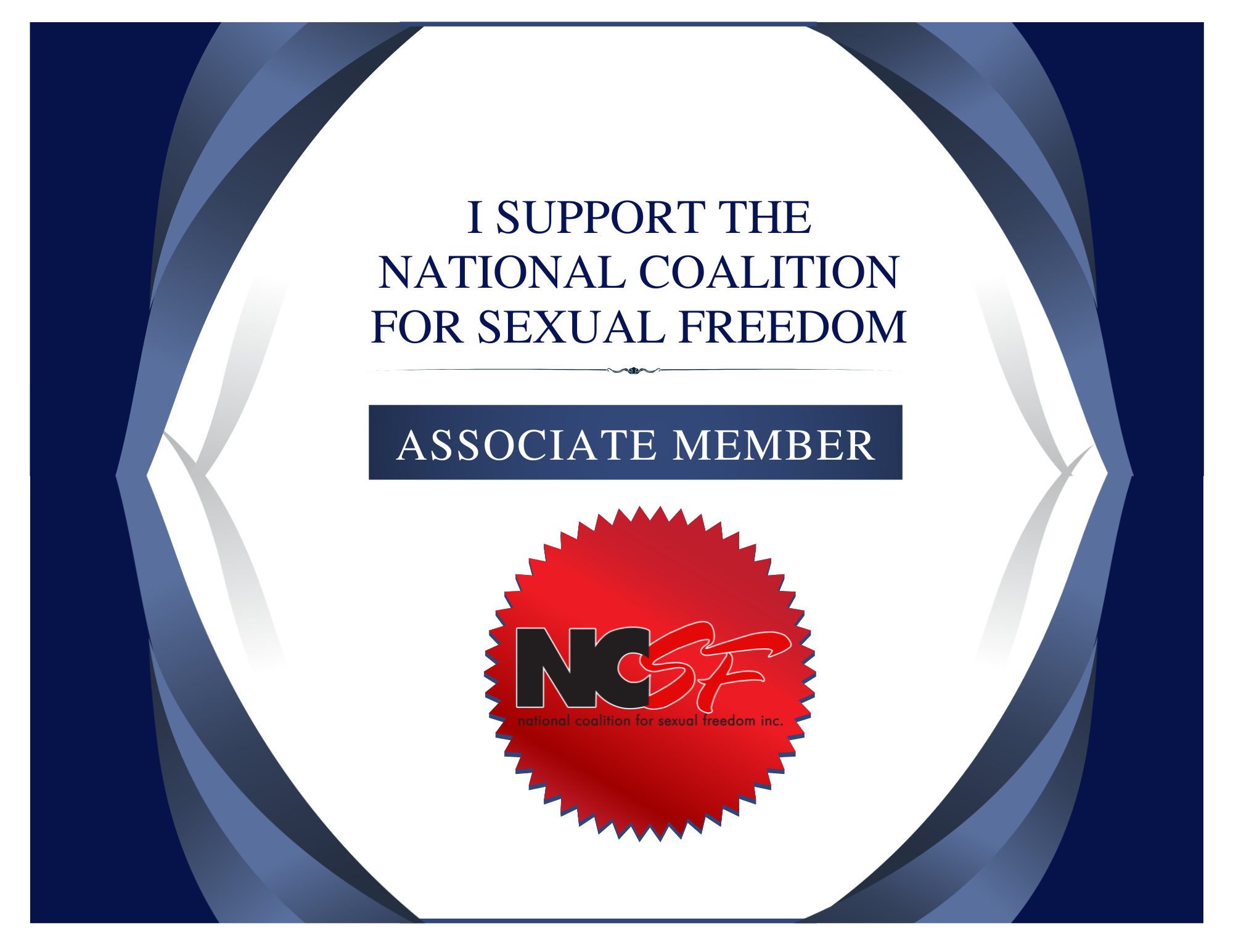A certificate with blue, gray, and white design elements, stating support for the National Coalition for Sexual Freedom, and indicating associate membership, with a red and black NCFS logo at the bottom.