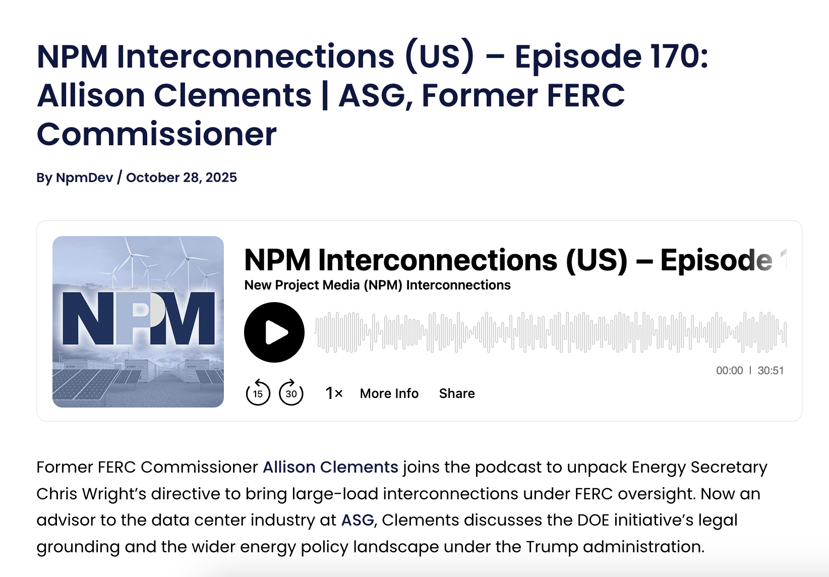 NPM Interconnections (US) – Episode 170: Allison Clements | ASG, Former FERC Commissioner