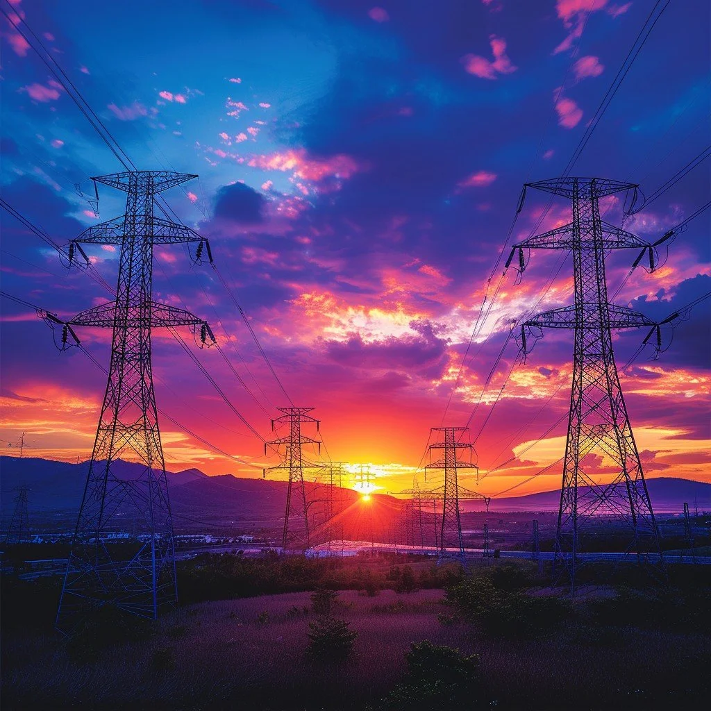 Power lines and towers during a colorful sunset with purple, pink, and orange sky, mountains in the distance, and silhouetted landscape.