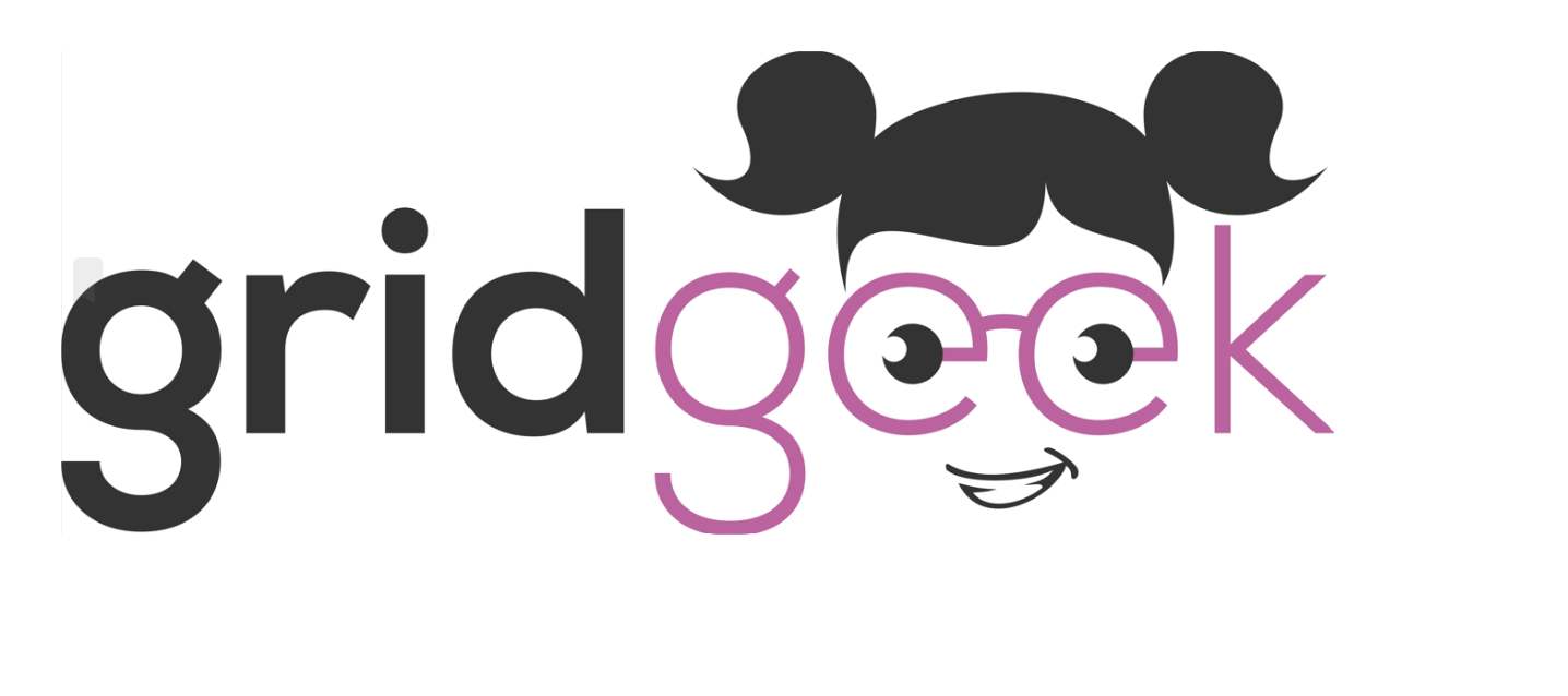 Logo with the word 'grid' in black, and the word 'geek' in purple, with a cartoon girl's face with glasses, pigtails, and a smiling expression integrated into the text.