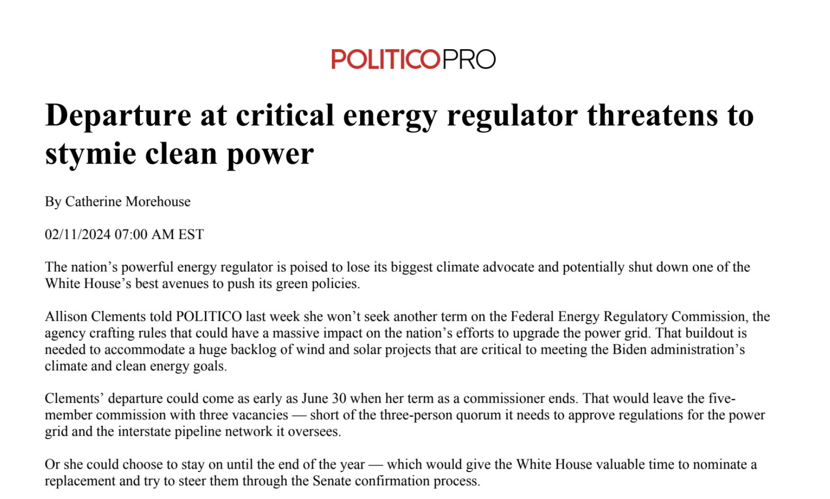 Departure at critical energy regulator threatens to stymie clean power