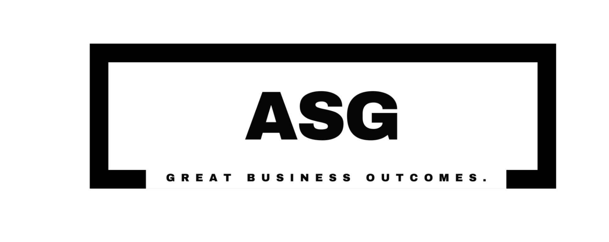 Black and white logo with the text 'ASG' in large letters and 'Great Business Outcomes' below it, enclosed in a stylized rectangular border.