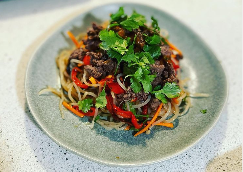 One of Chef Cicconi’s creations: Wok tossed sweet potato noodles with grilled steak, peppers, fresh carrots and cilantro.
