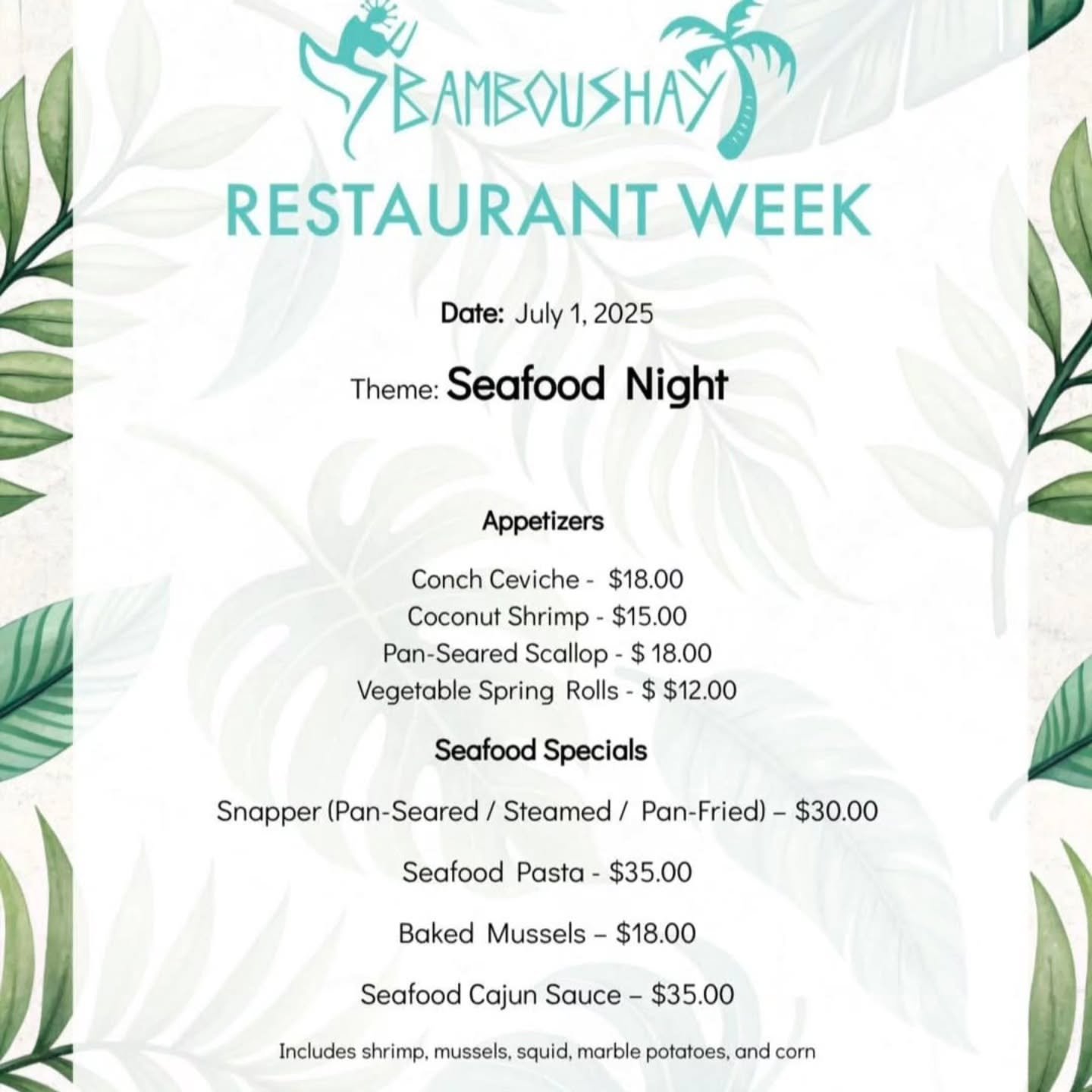 Seafood lovers.

Come tonight at Bamboushay as we are having a seafood night!! 🦪🌽🥔🦐🦑

See you all, there. We can&rsquo;t wait to serve you.

#seafood #dinner #Roadtown #Tortola #virginislands