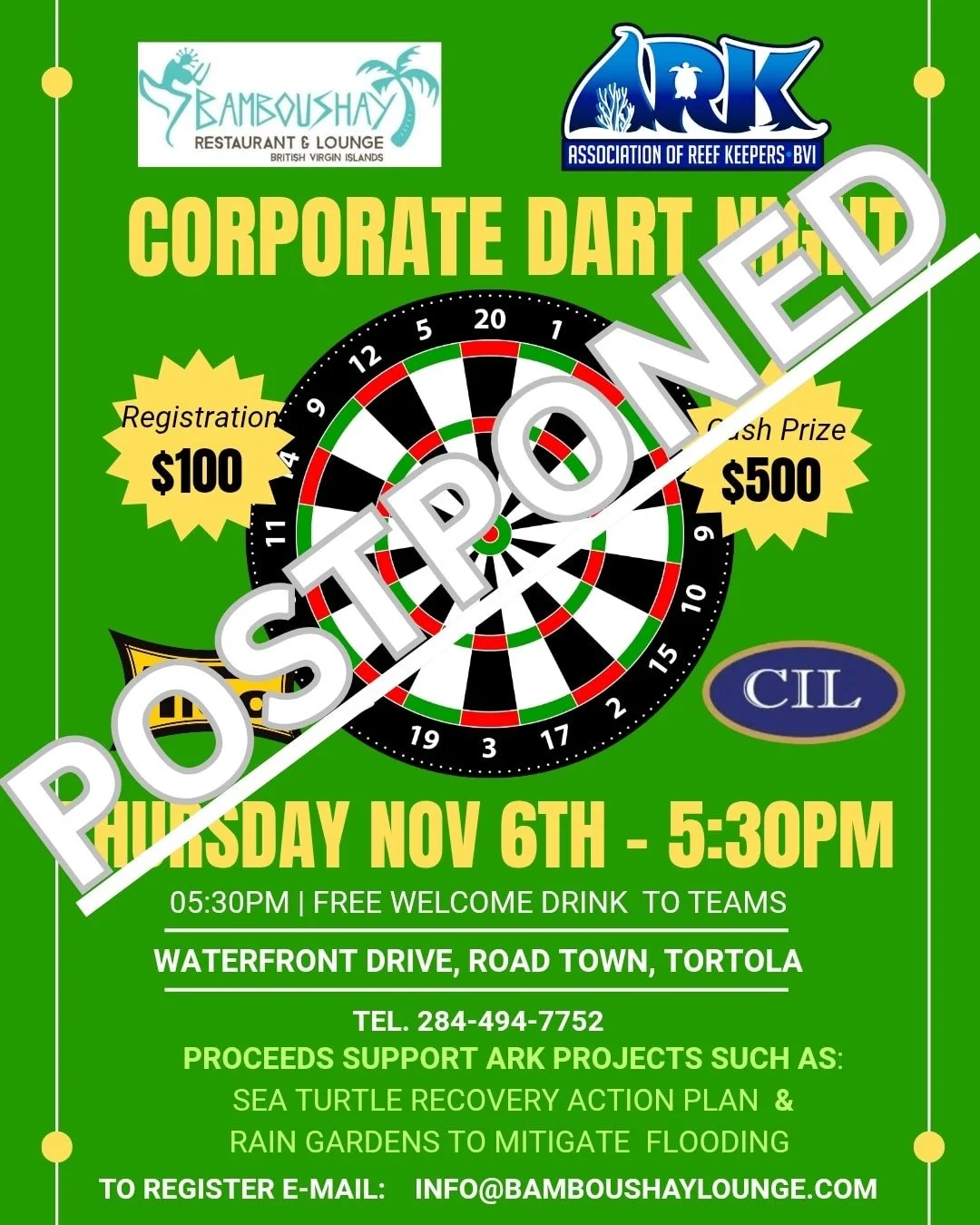 Our Corporate Darts Night will be POSTPONED to a later date.  We are supporting current Hurricane Melissa Relief efforts underway for Jamaica. 

We will provide a new date in the coming days.