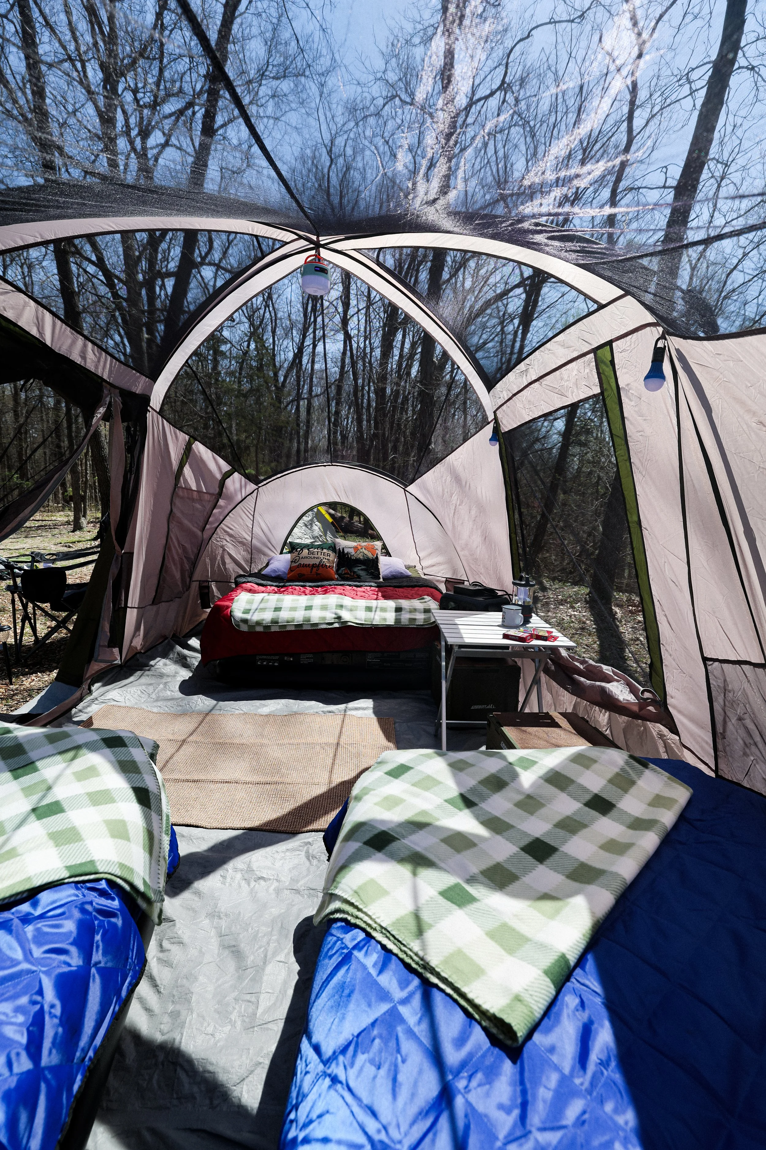 Glamping with Knee Level Air Matresses 